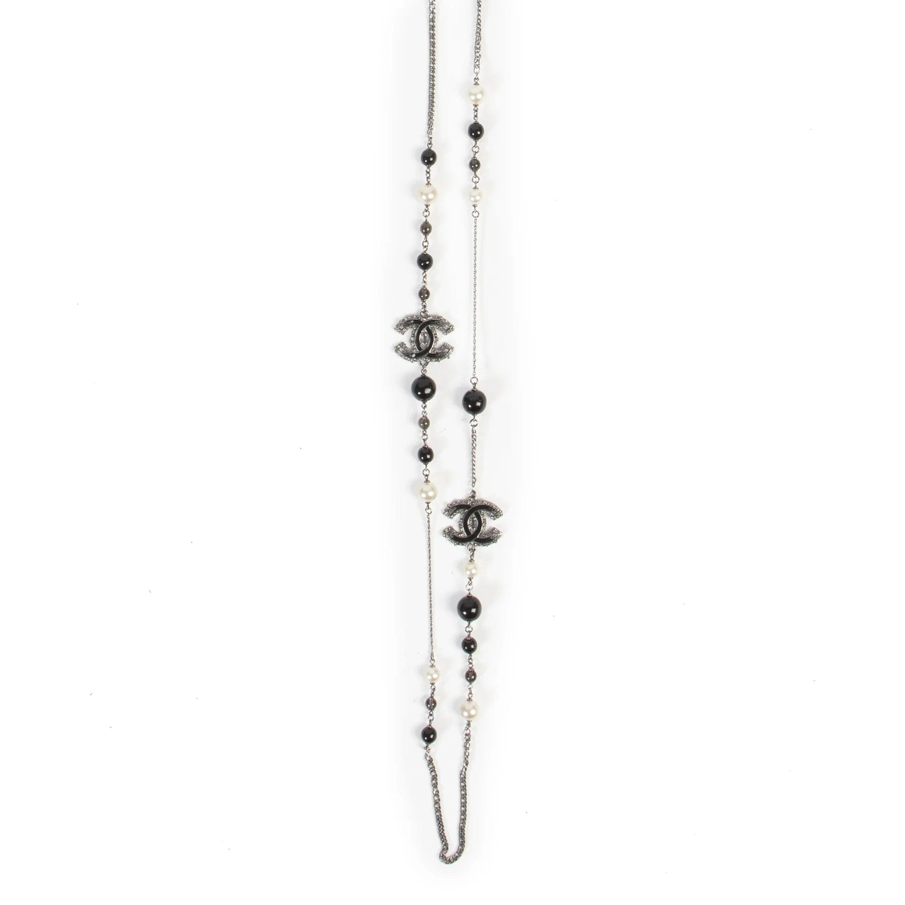 Chanel Black Beaded & Crystal CC Long Necklace in Ruthenium Finish Metal