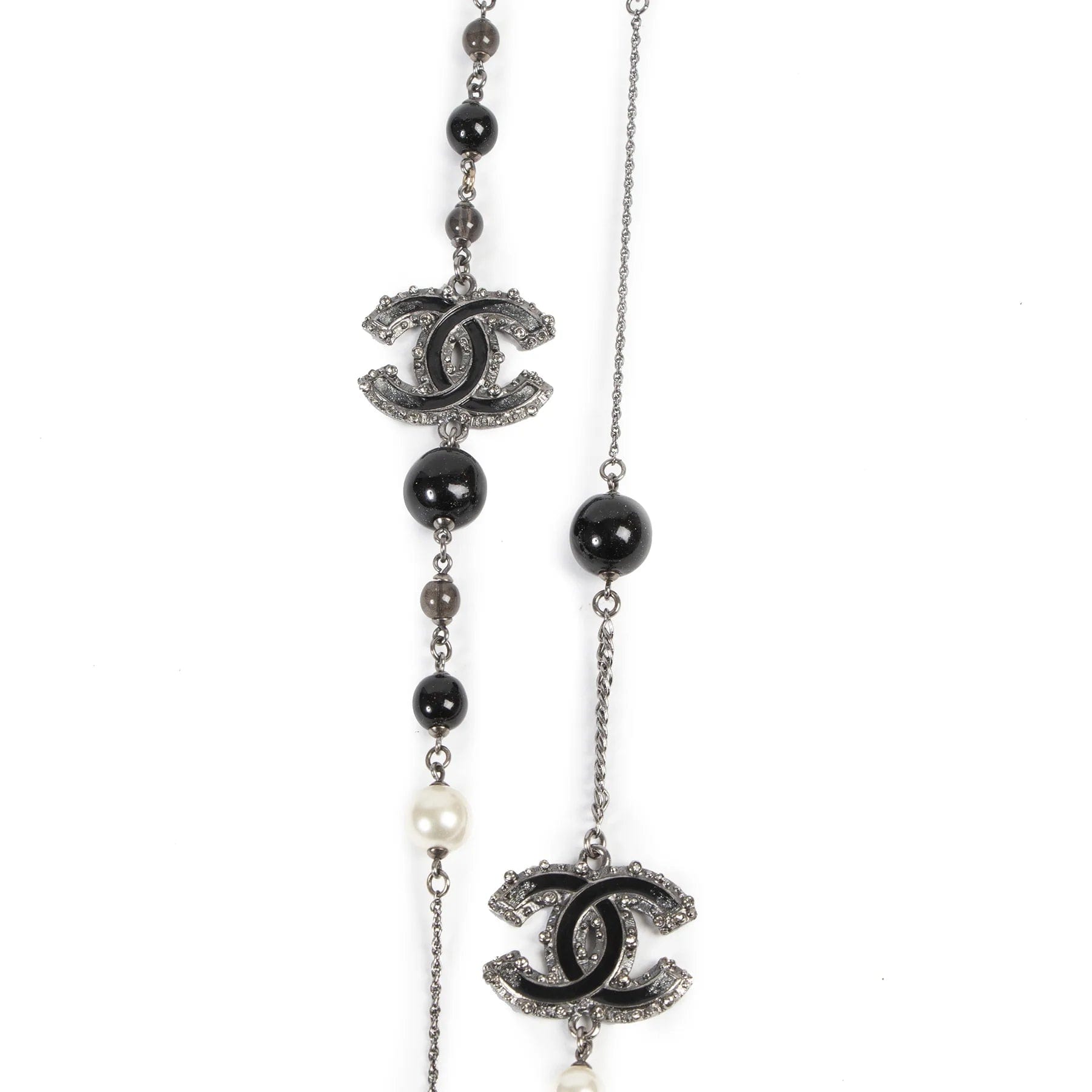 Chanel Black Beaded & Crystal CC Long Necklace in Ruthenium Finish Metal
