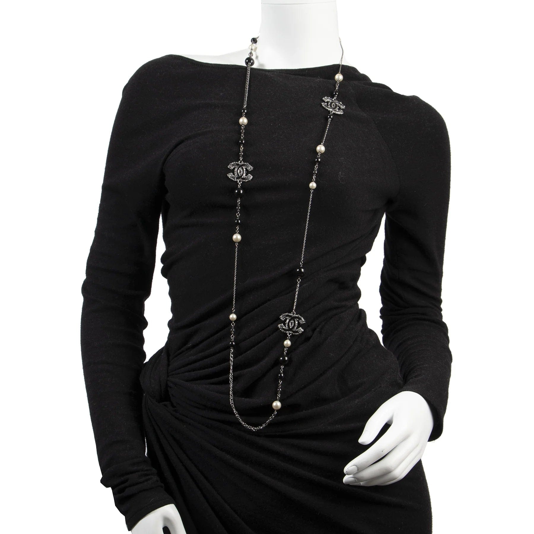 Chanel Black Beaded & Crystal CC Long Necklace in Ruthenium Finish Metal