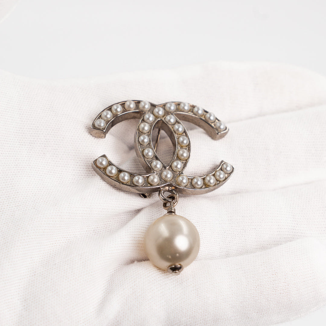 Chanel Ivory CC Brooch with Pearl Drop Gold Tone Hardware