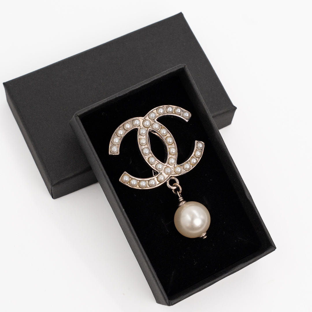 Chanel Ivory CC Brooch with Pearl Drop Gold Tone Hardware