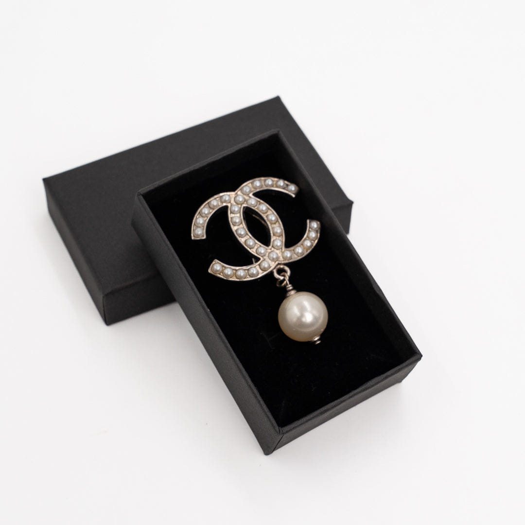 Chanel Ivory CC Brooch with Pearl Drop Gold Tone Hardware