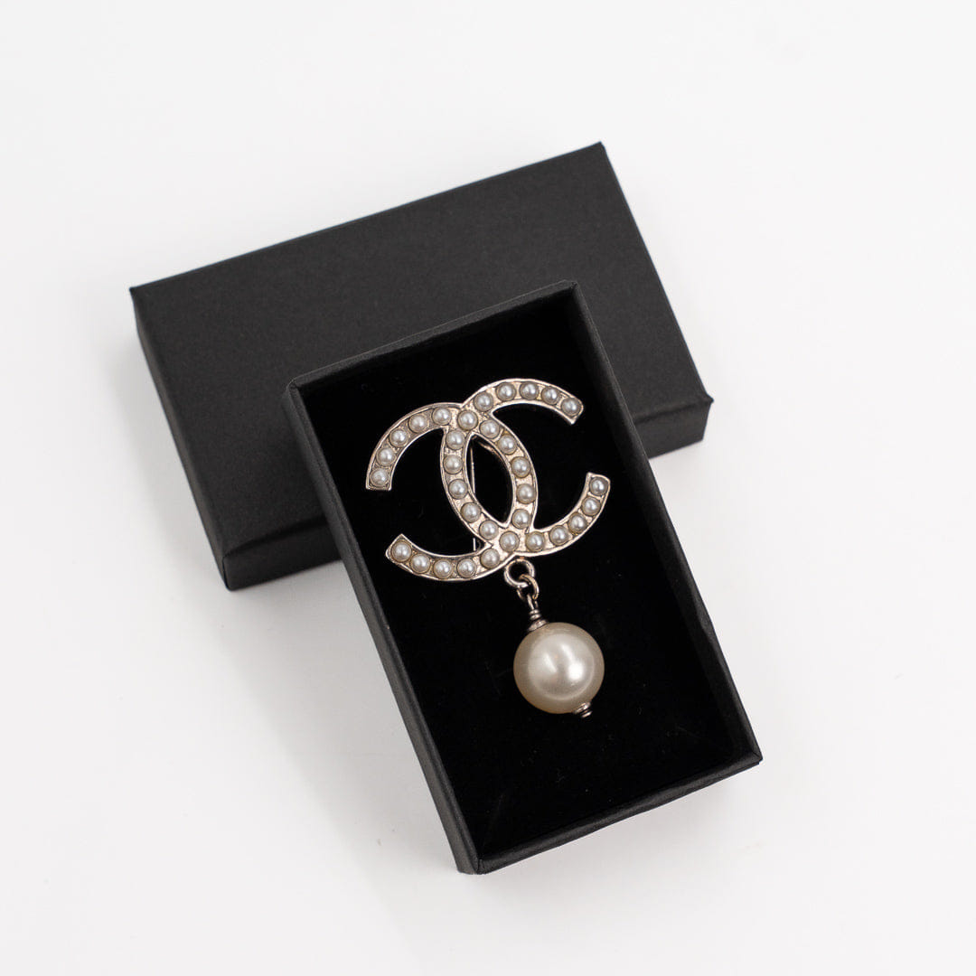 Chanel Ivory CC Brooch with Pearl Drop Gold Tone Hardware