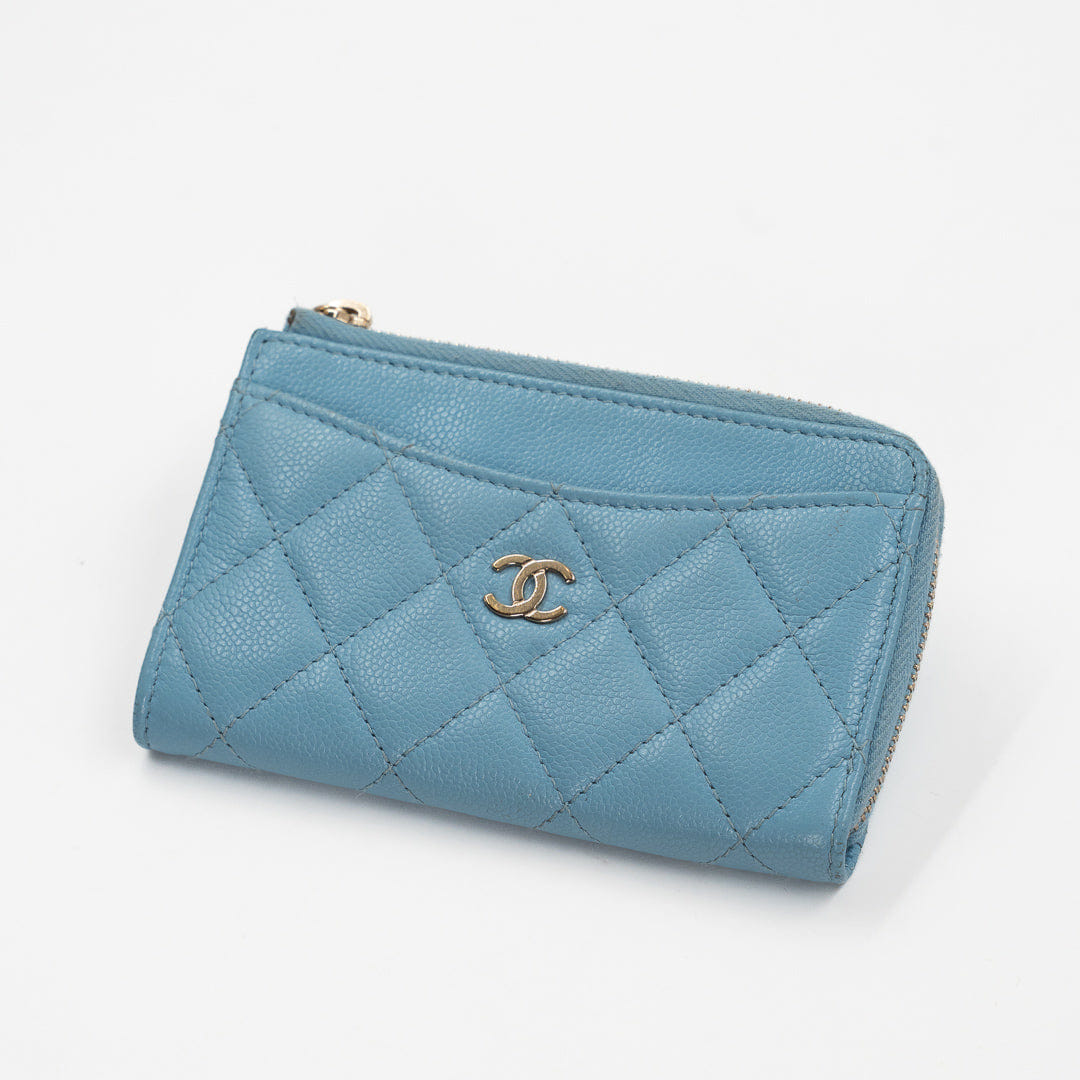 Chanel CC Zip Around Card Holder in Light Blue Quilted Caviar Leather with Gold Hardware