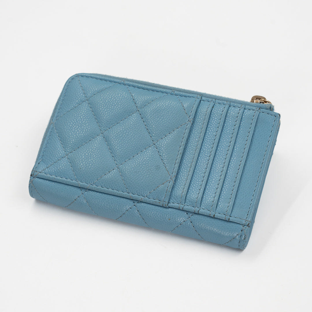 Chanel CC Zip Around Card Holder in Light Blue Quilted Caviar Leather with Gold Hardware