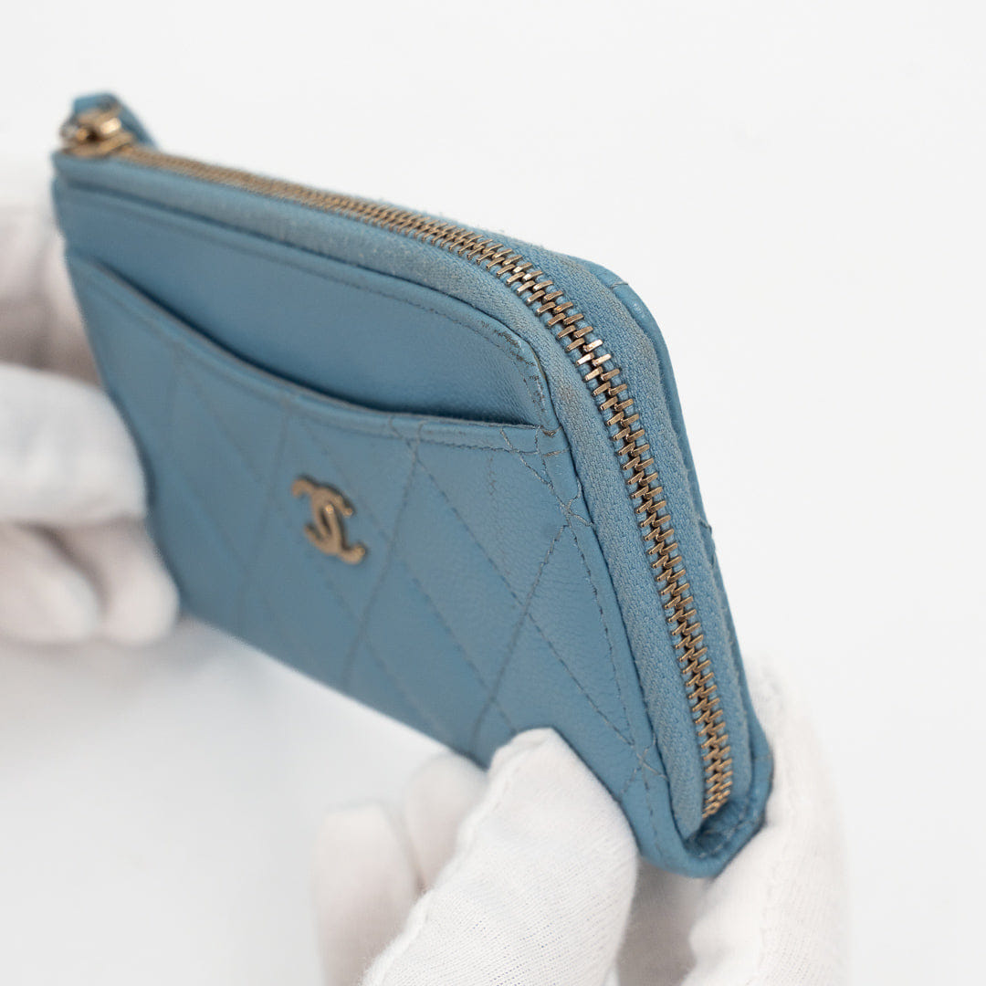 Chanel CC Zip Around Card Holder in Light Blue Quilted Caviar Leather with Gold Hardware