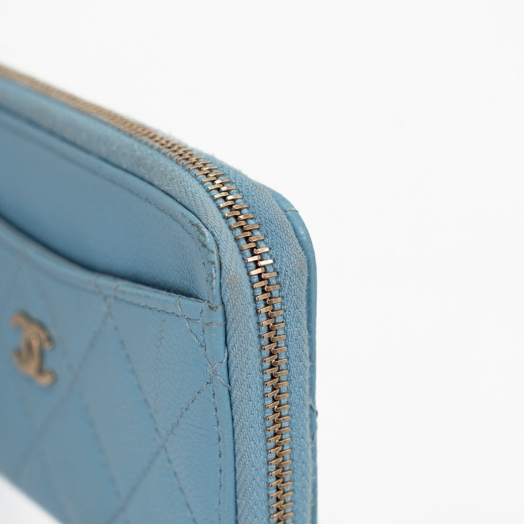 Chanel CC Zip Around Card Holder in Light Blue Quilted Caviar Leather with Gold Hardware