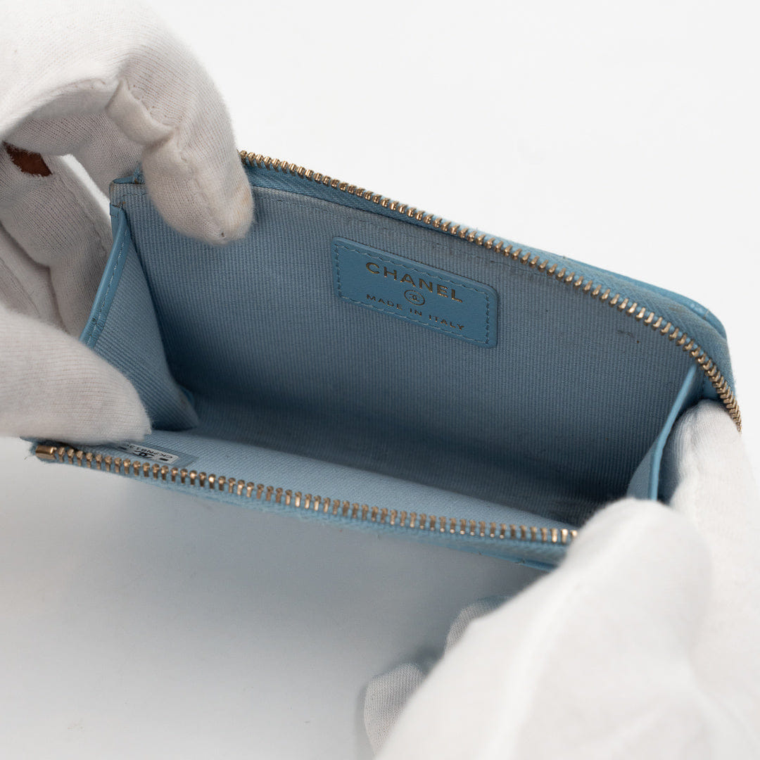 Chanel CC Zip Around Card Holder in Light Blue Quilted Caviar Leather with Gold Hardware