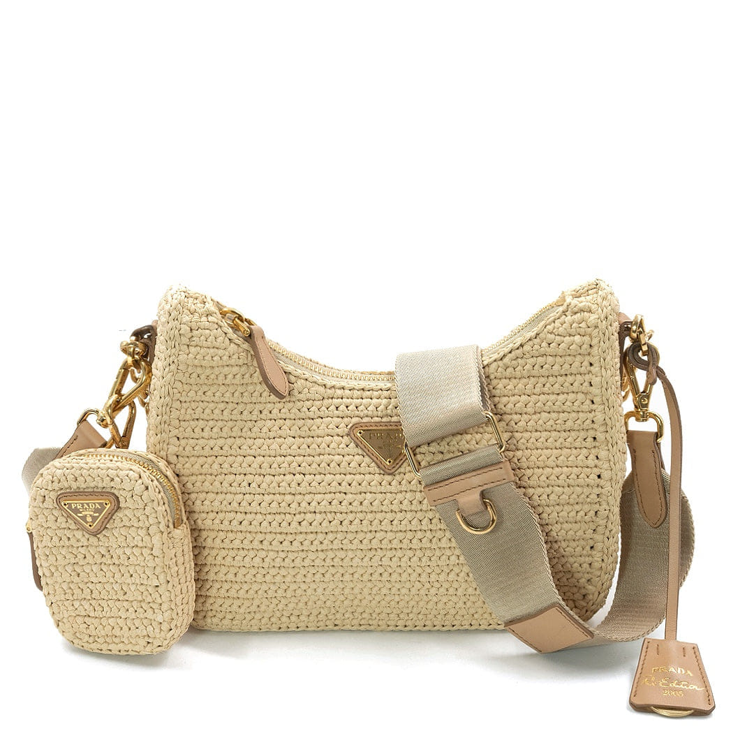 Prada Re Edition 2005 Beige Raffia Shoulder Bag with Gold Tone Hardware