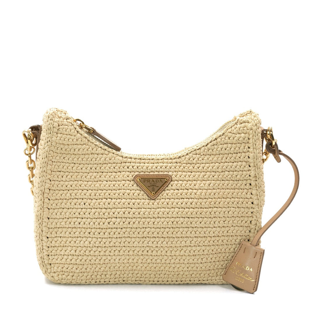 Prada Re Edition 2005 Beige Raffia Shoulder Bag with Gold Tone Hardware