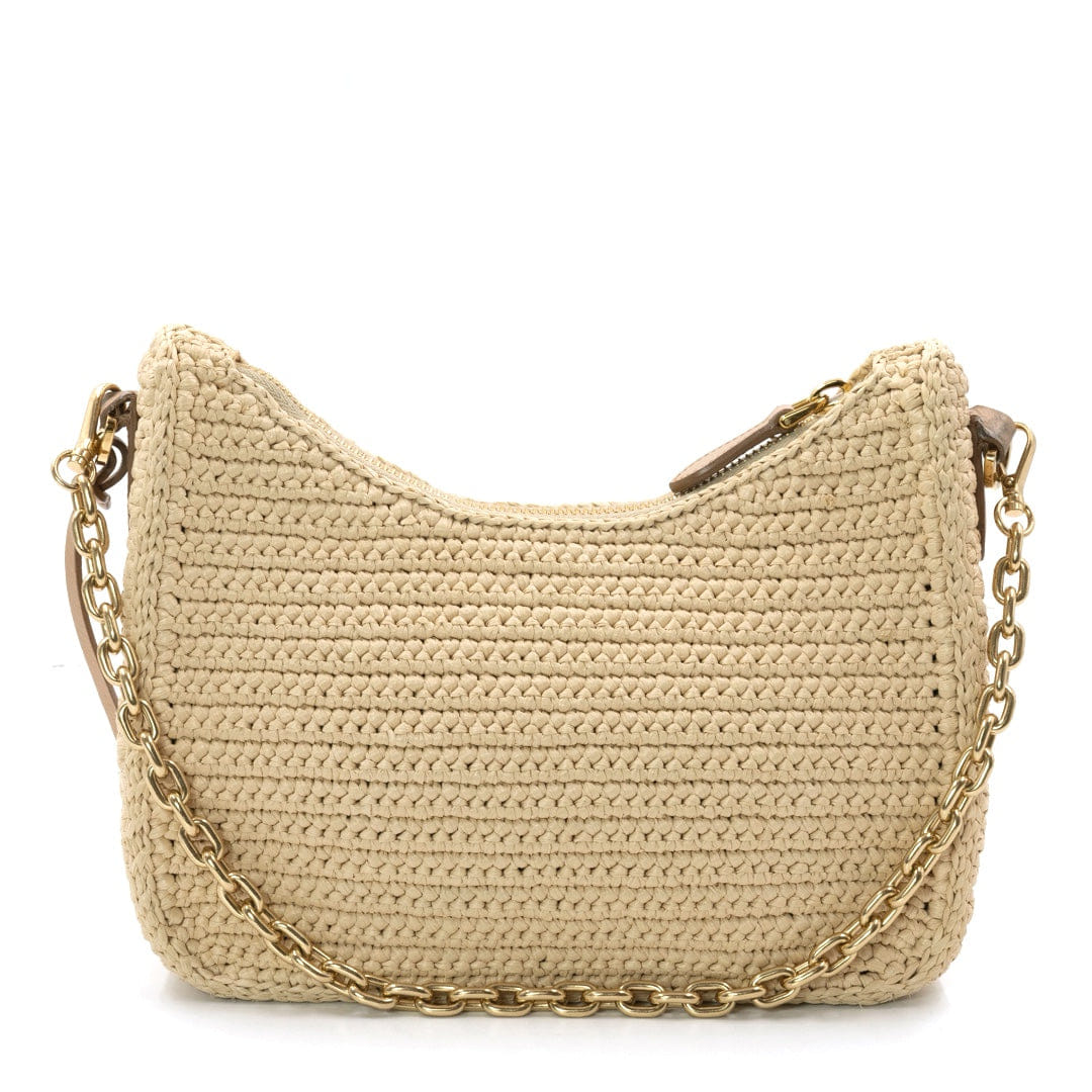 Prada Re Edition 2005 Beige Raffia Shoulder Bag with Gold Tone Hardware