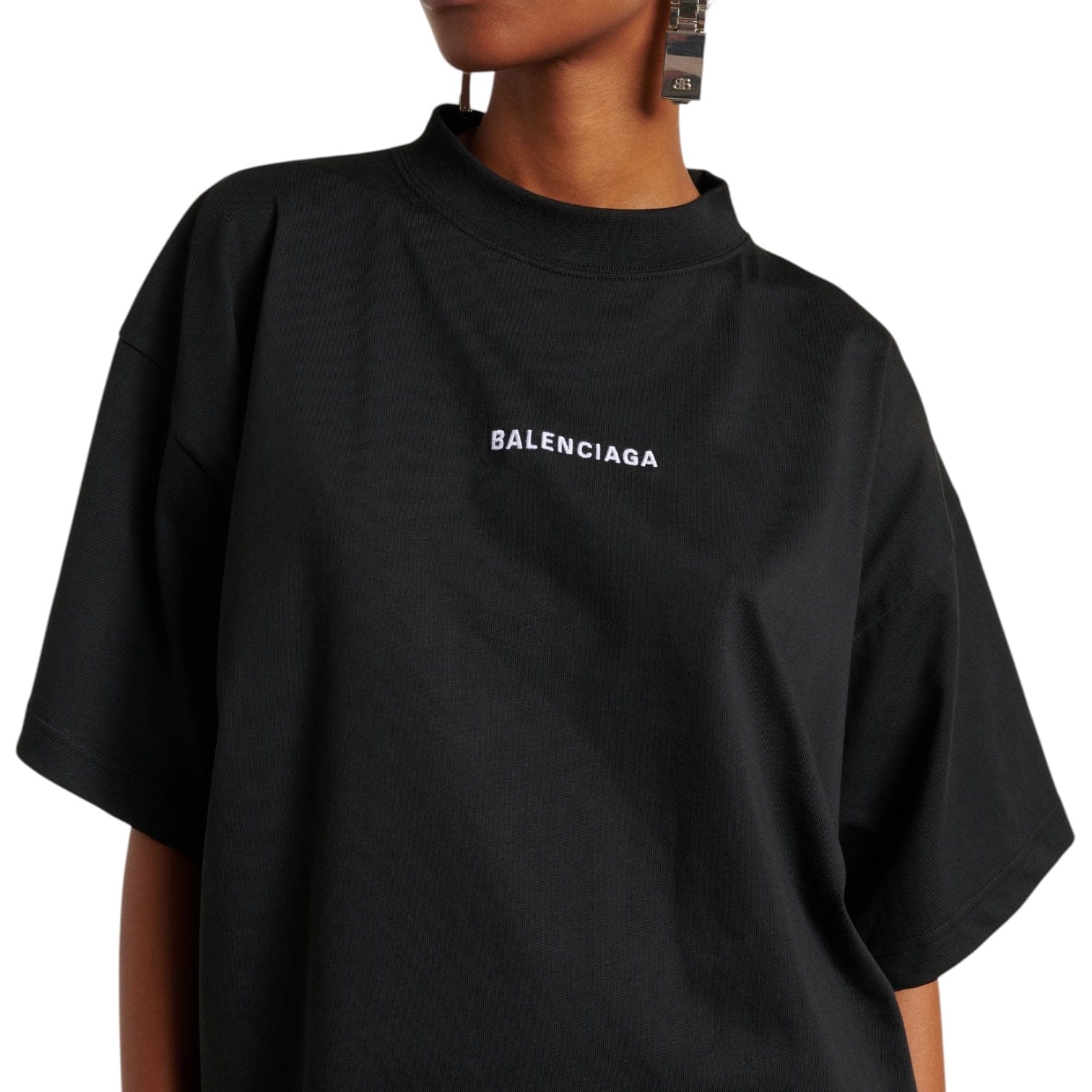 Balenciaga Logo Embroidered Cotton T-Shirt Black