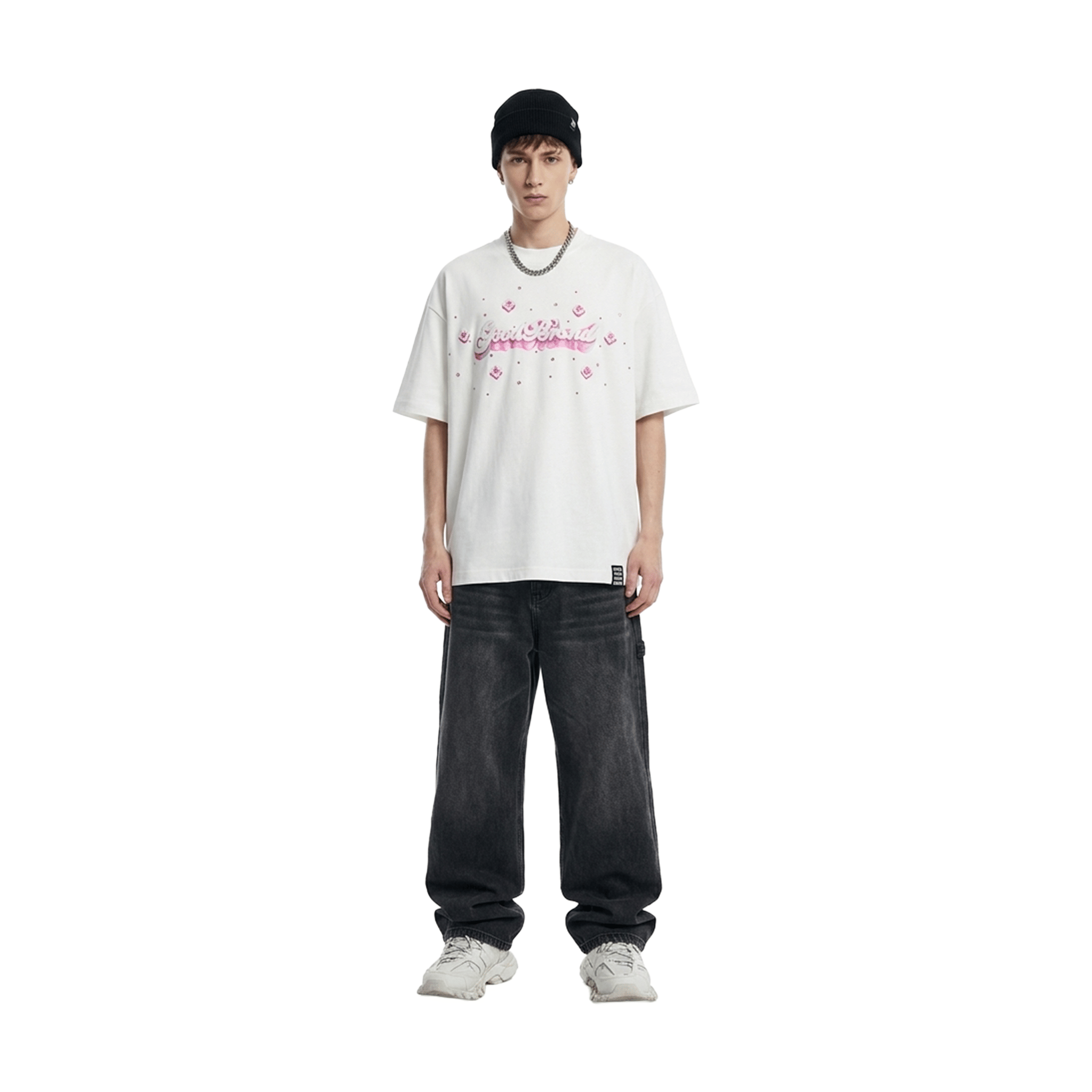 GOODBRAND 3D Logo Floral Embroidery Rhinestone Tee White (SS26)