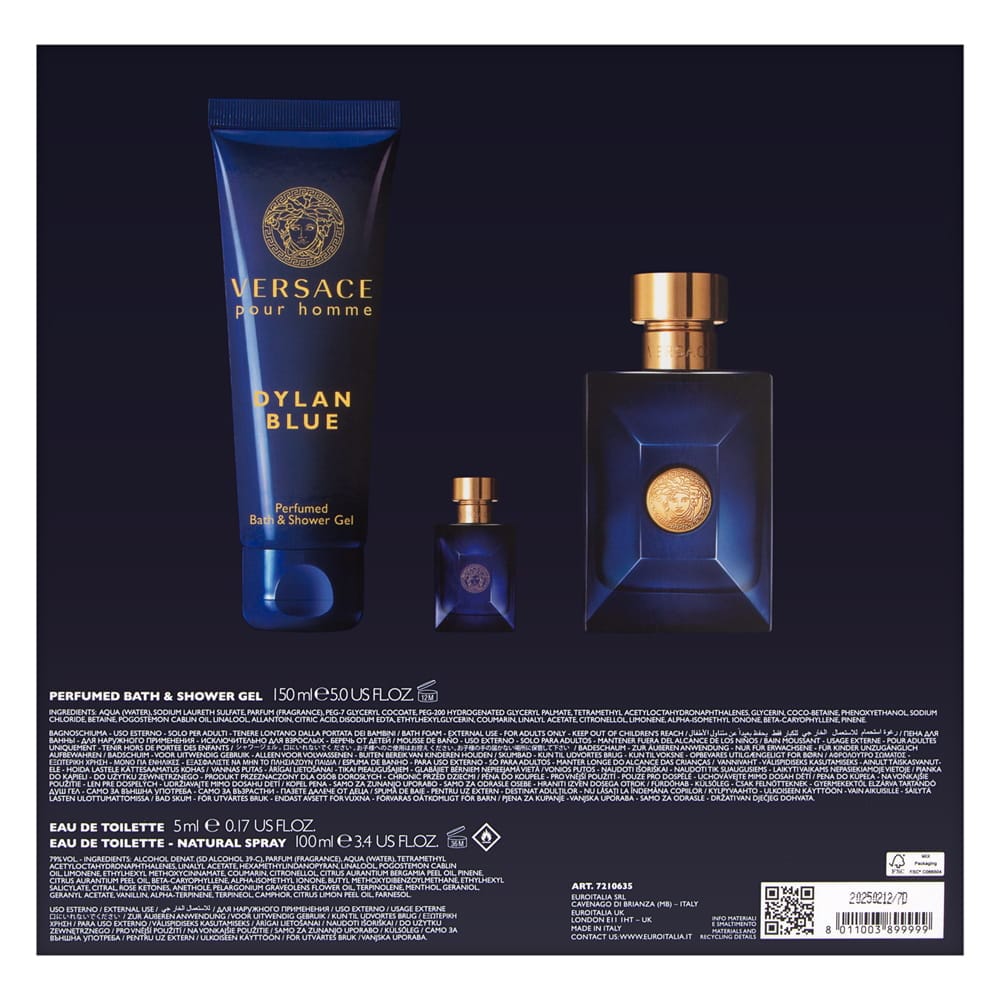 Versace Dylan Blue Pour Homme 3 Piece Set Includes: 3.4 oz Eau de Toilette Spray + 0.17 oz Eau de Toilette Mini + 5.0 oz Perfumed Bath & Shower Gel