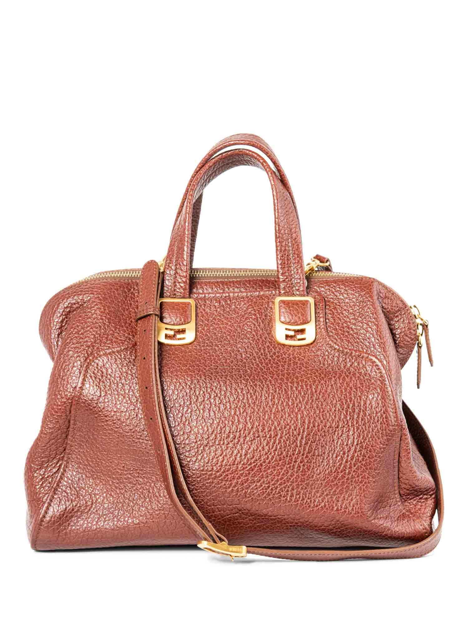 Fendi Logo Leather Top Handle Shopper Bag Brown Gold
