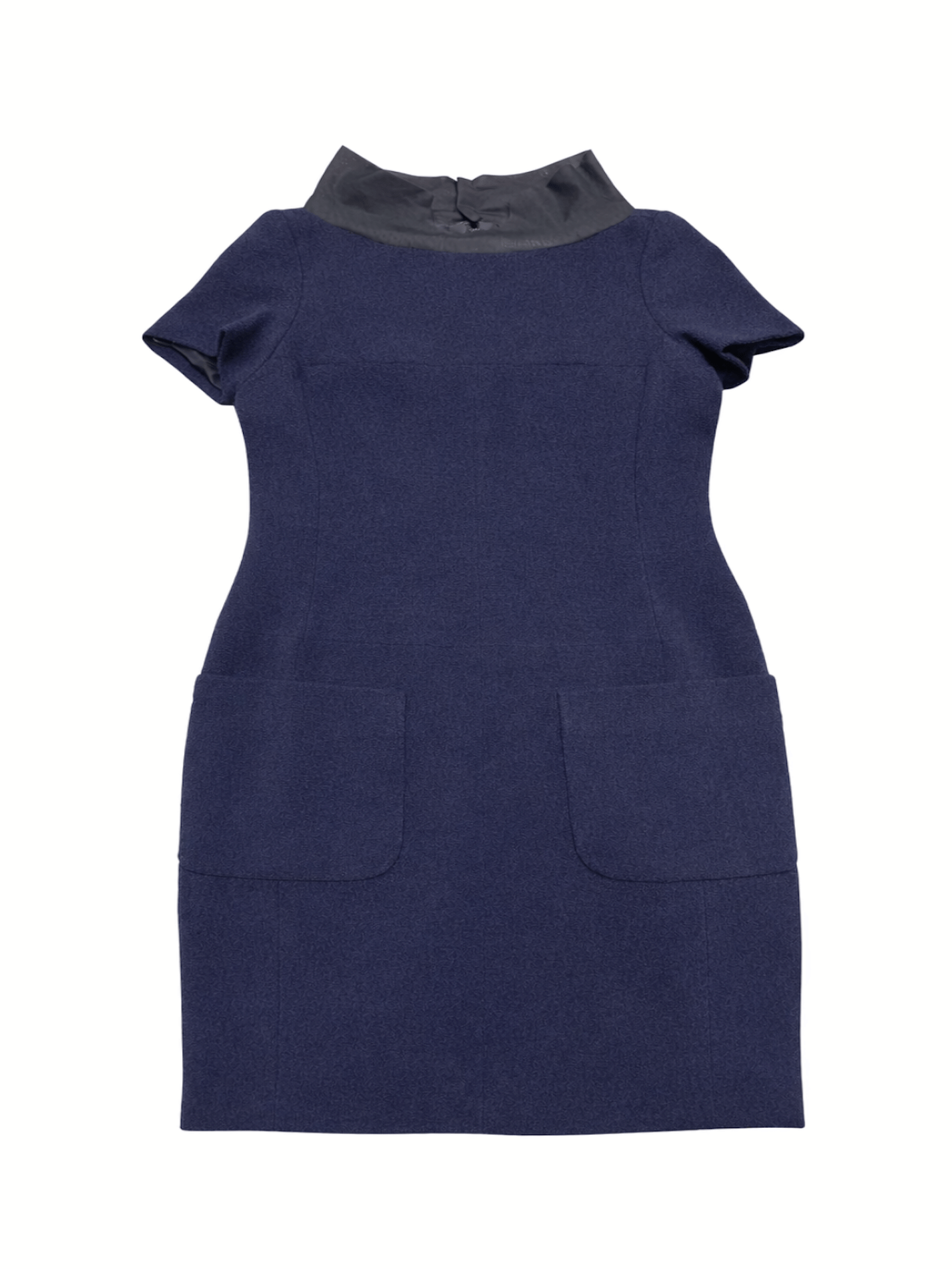 CHANEL CC Logo High Collar Tweed Dress Navy Blue