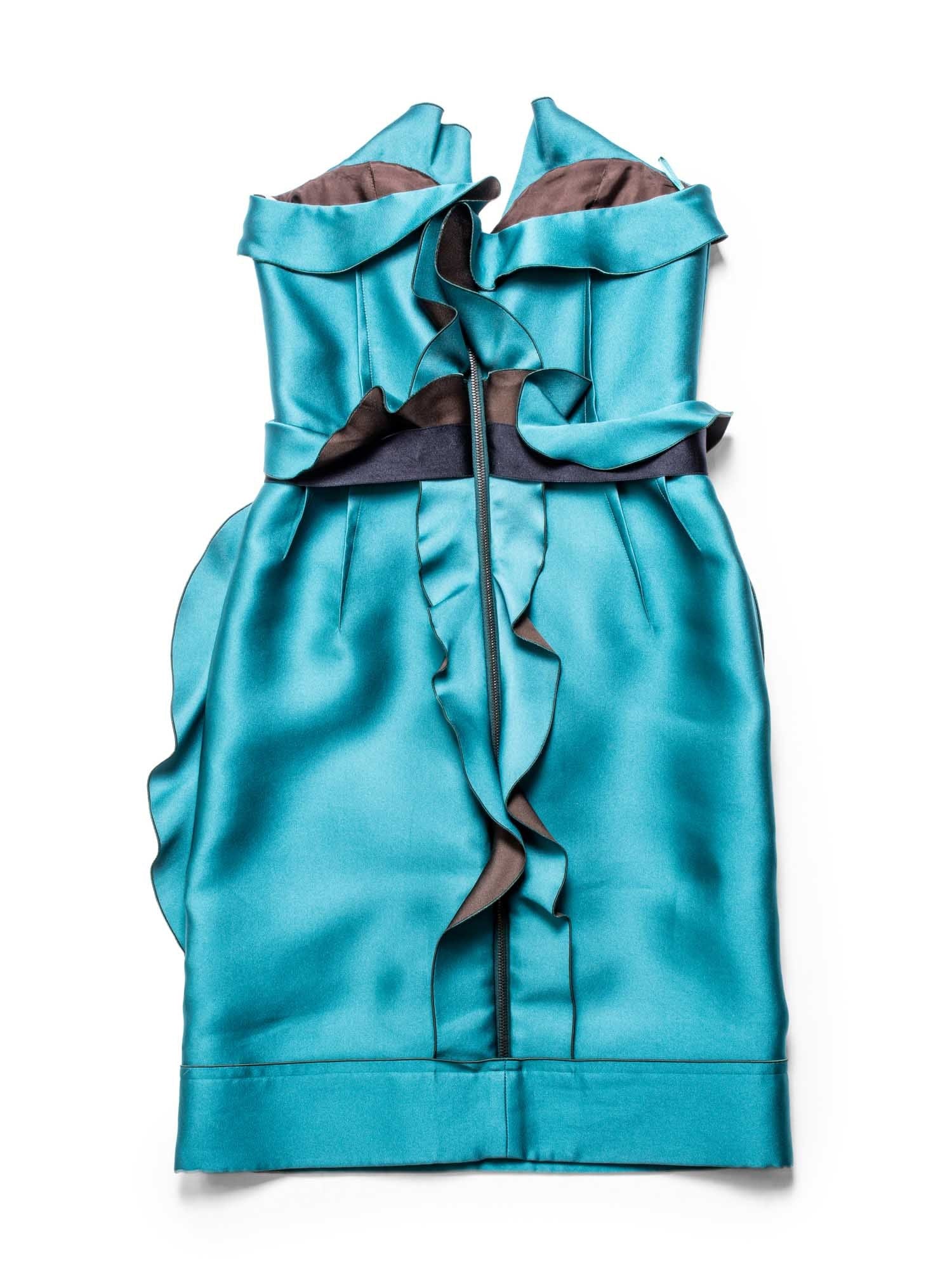 Lanvin Runway Silk Ruffled Fitted Belted Dress Aqua Green