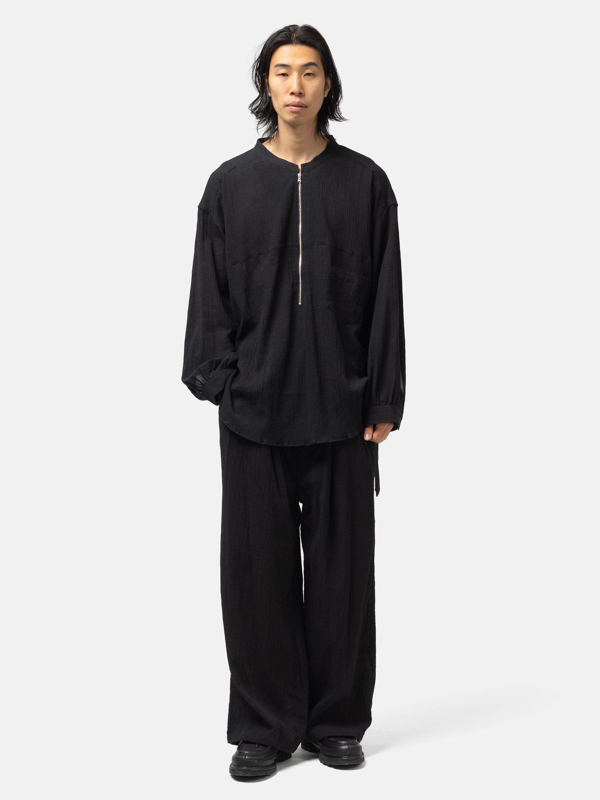 ANCELLM Striped Crepe Half Zip Shirt Black
