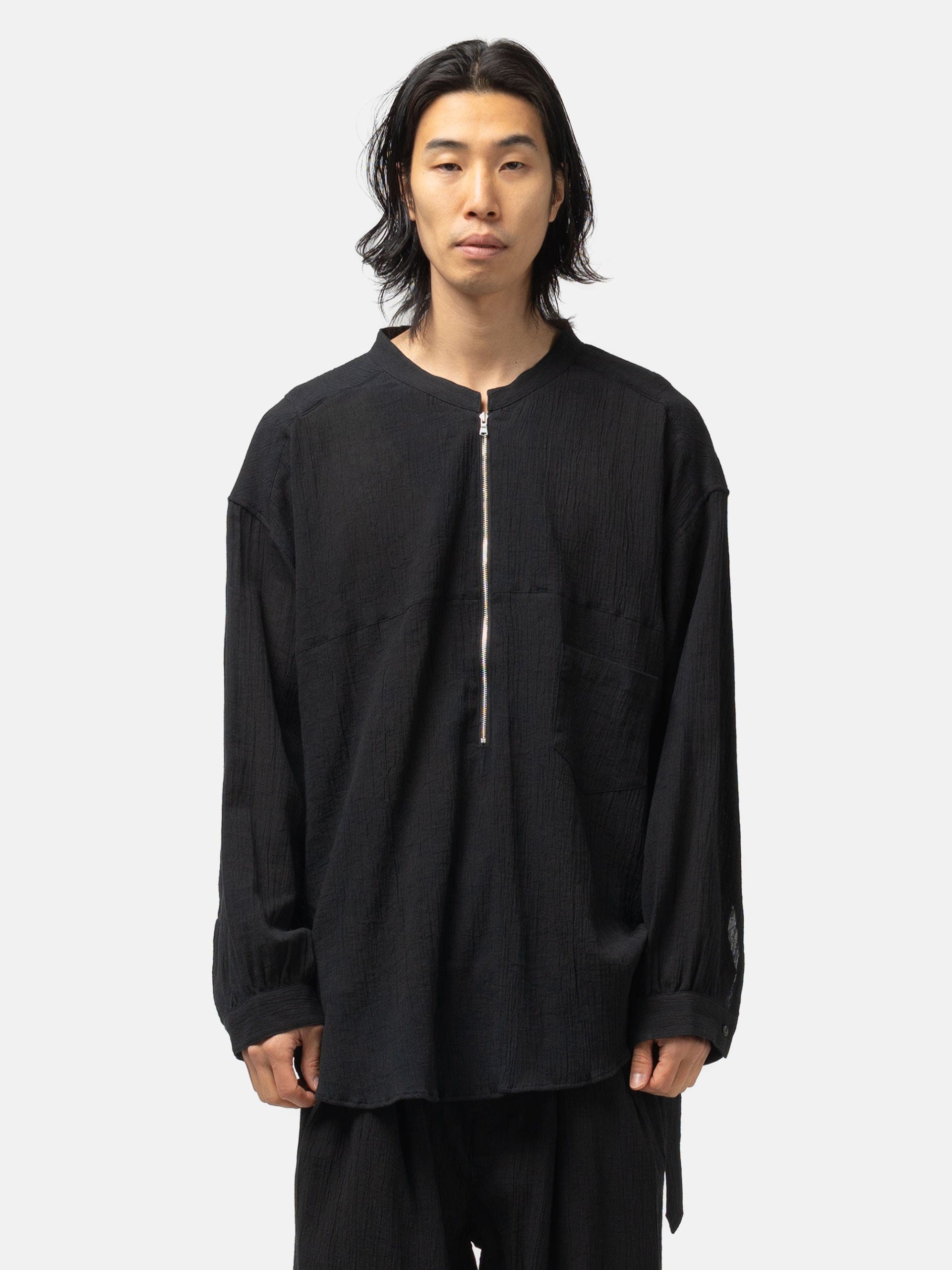 ANCELLM Striped Crepe Half Zip Shirt Black