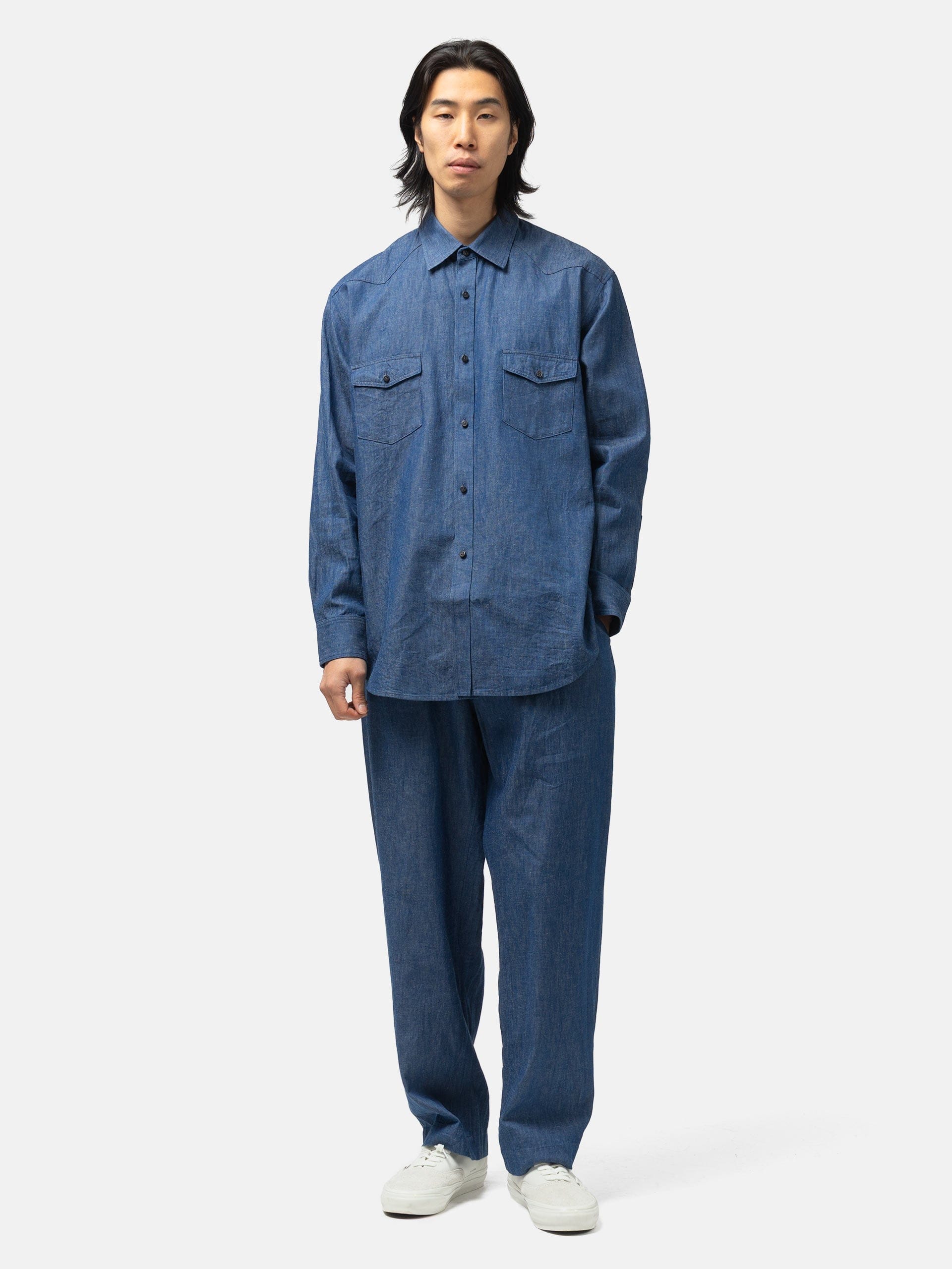 Cale Cotton-Linen-Ramie Denim Shirt Blue
