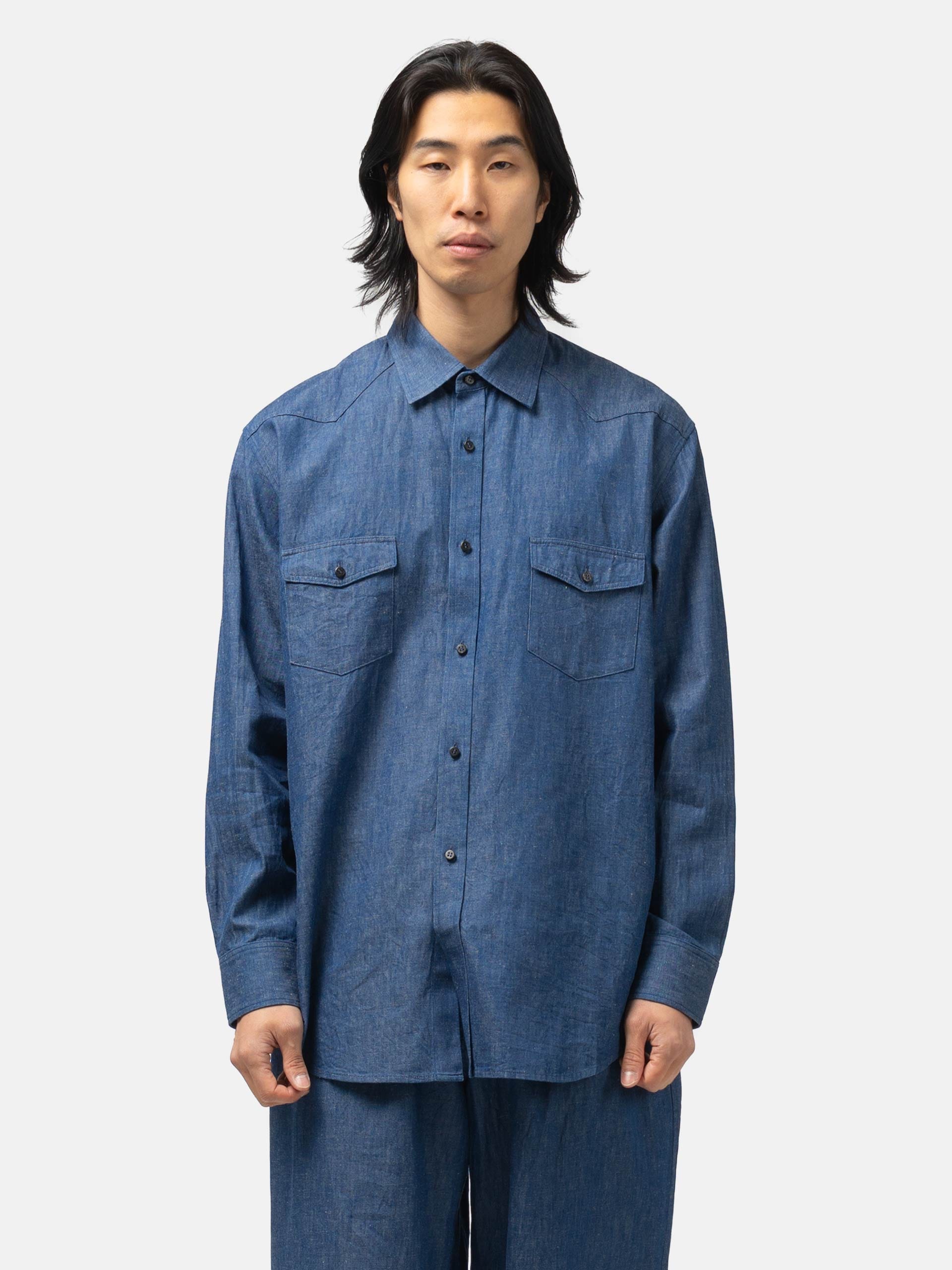 Cale Cotton-Linen-Ramie Denim Shirt Blue