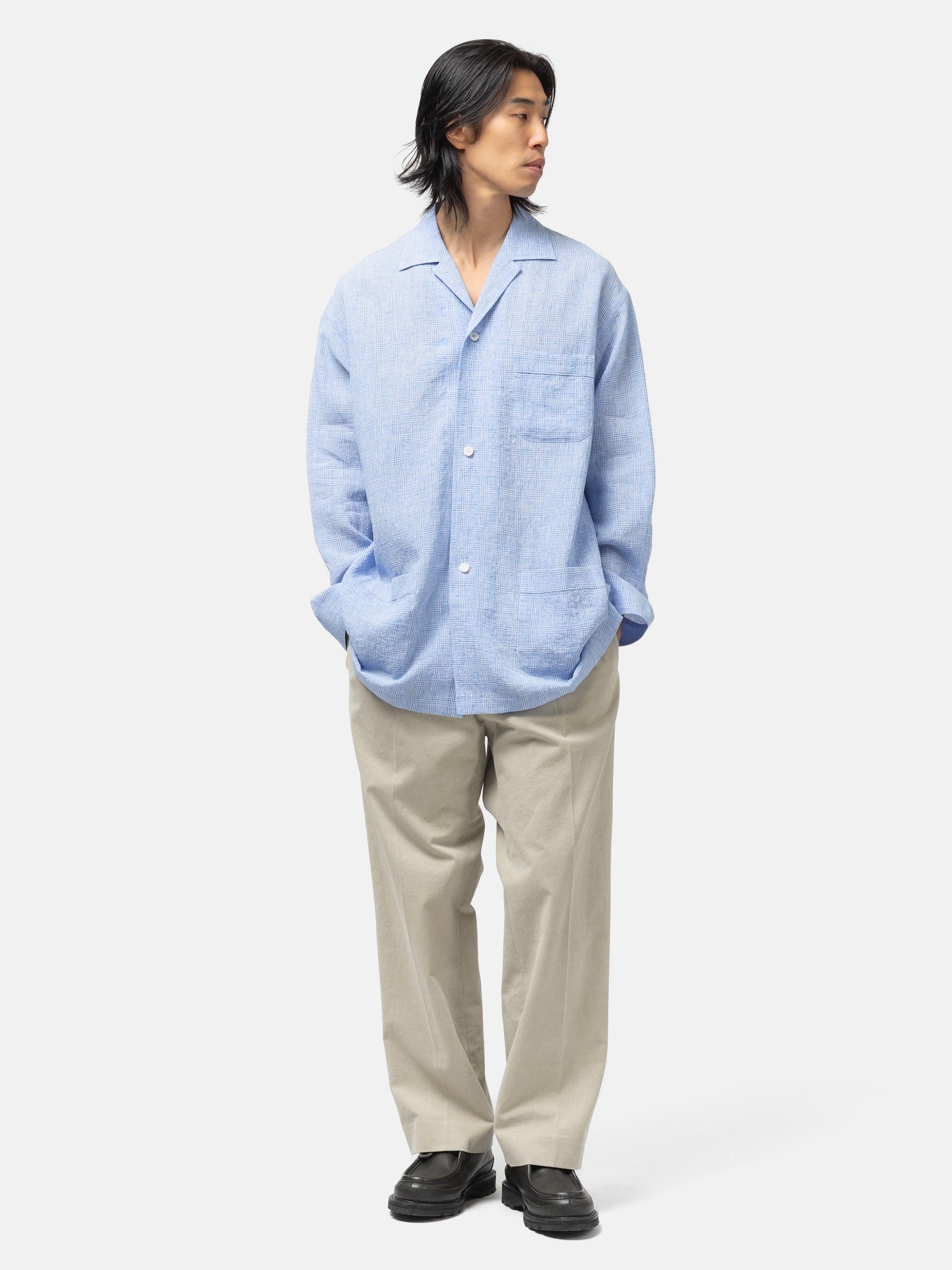 Cale Water Twisted Linen Glen Check LS Shirt White/Blue