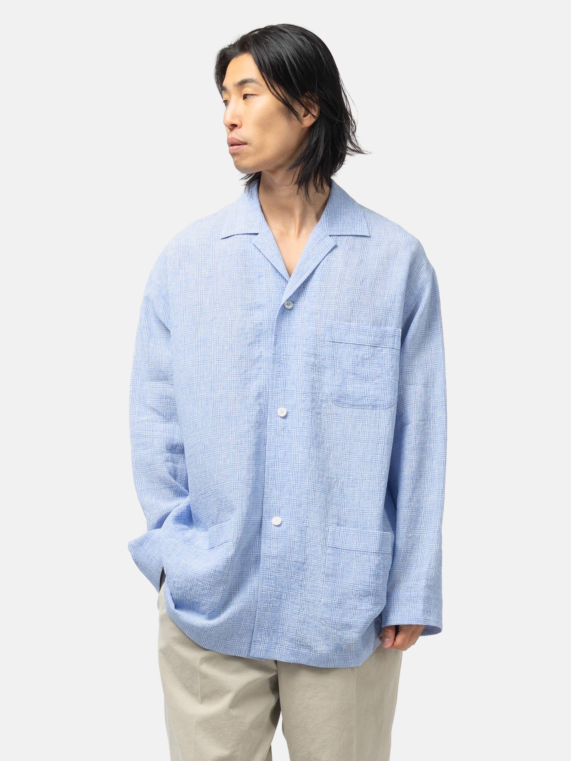 Cale Water Twisted Linen Glen Check LS Shirt White/Blue