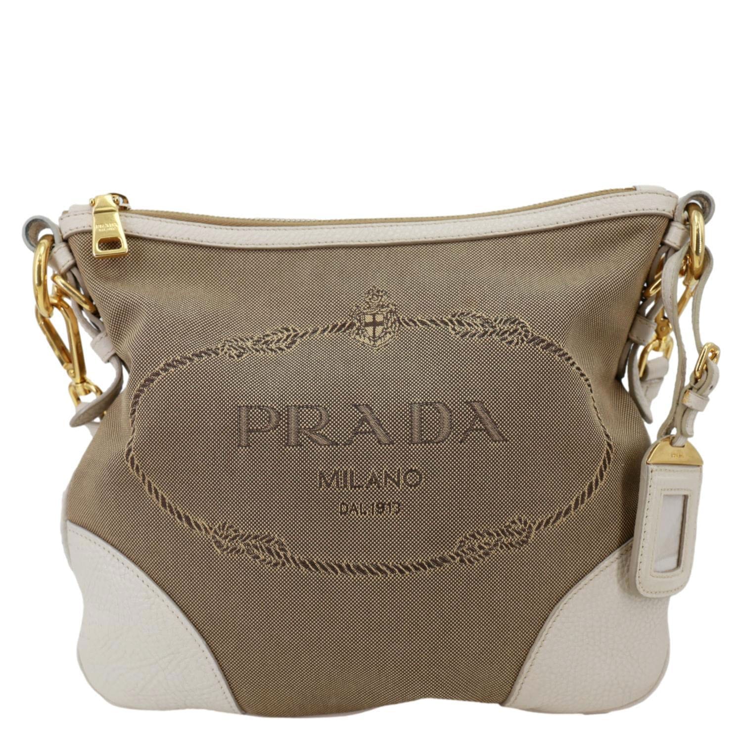 PRADA Logo Small Jacquard Canvas Messenger Bag Beige