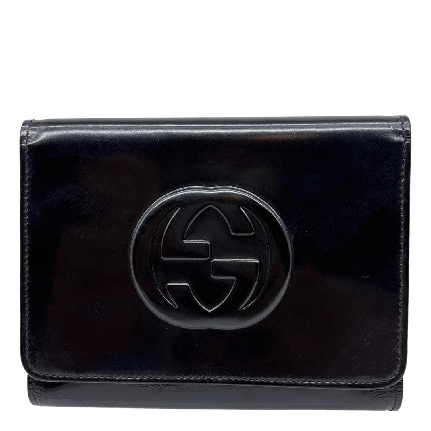 GUCCI Interlocking G Logo Vintage Patent Leather Compact Wallet Black