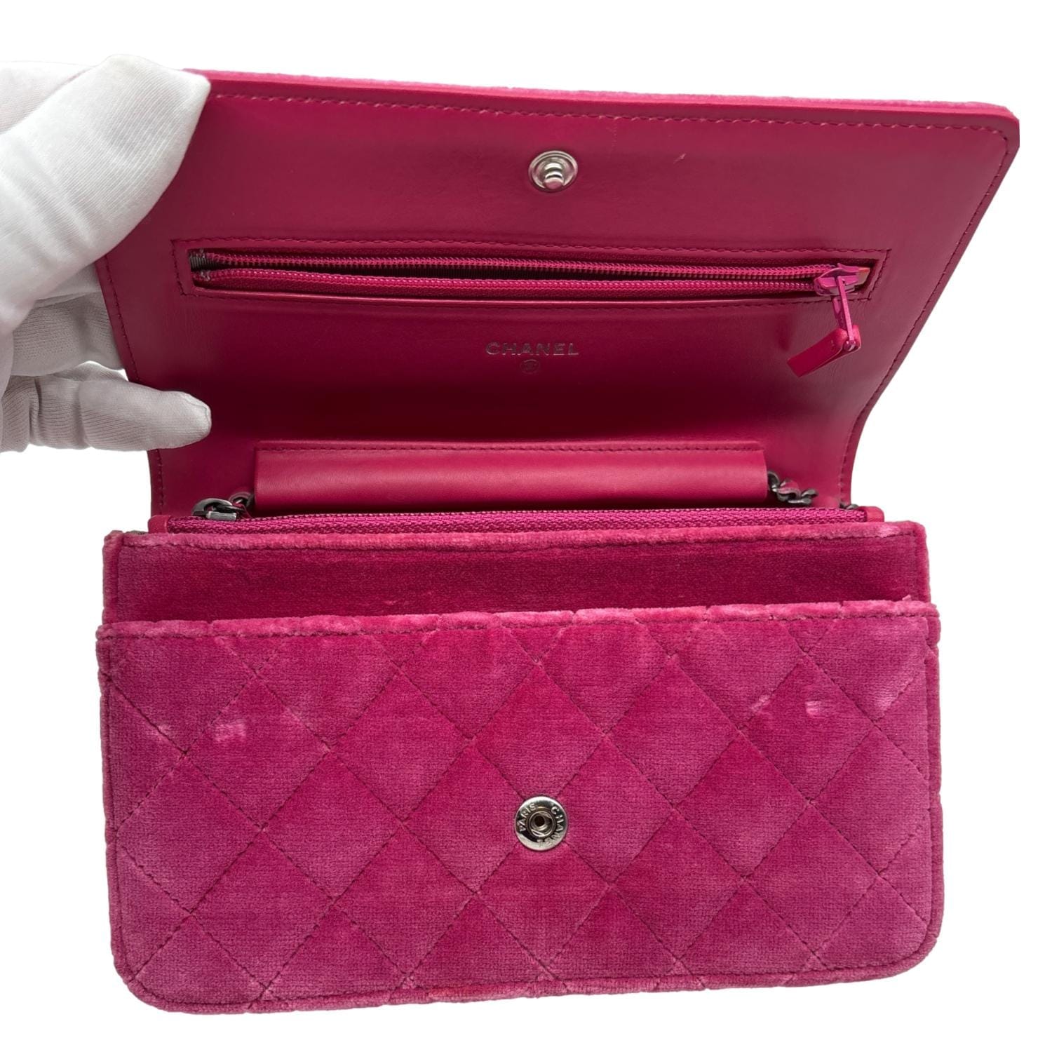CHANEL Boy Quilted Velvet WOC Crossbody Bag Fuchsia
