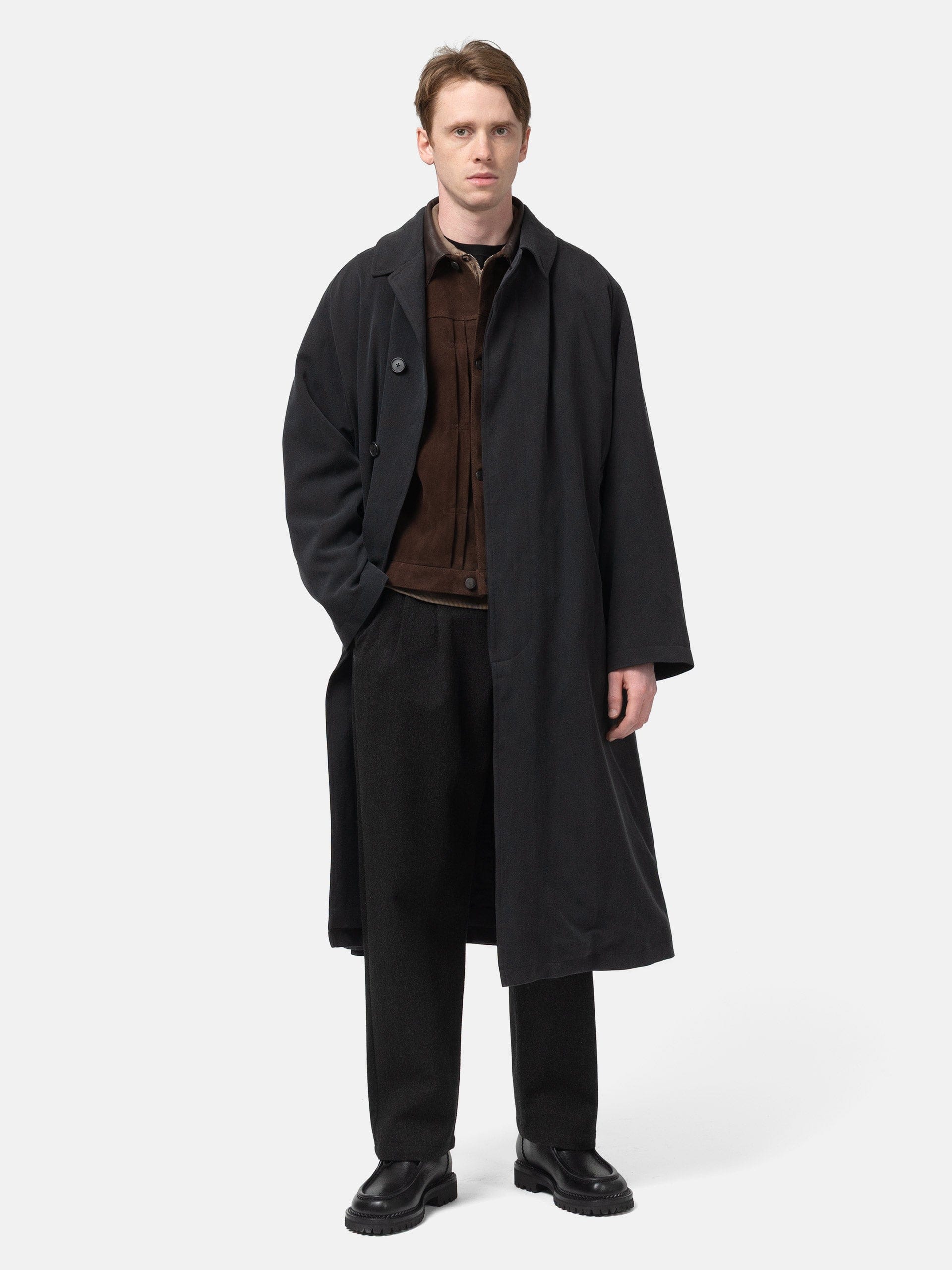 A.PRESSE Maxi Length Washed Silk Balmacaan Coat Black