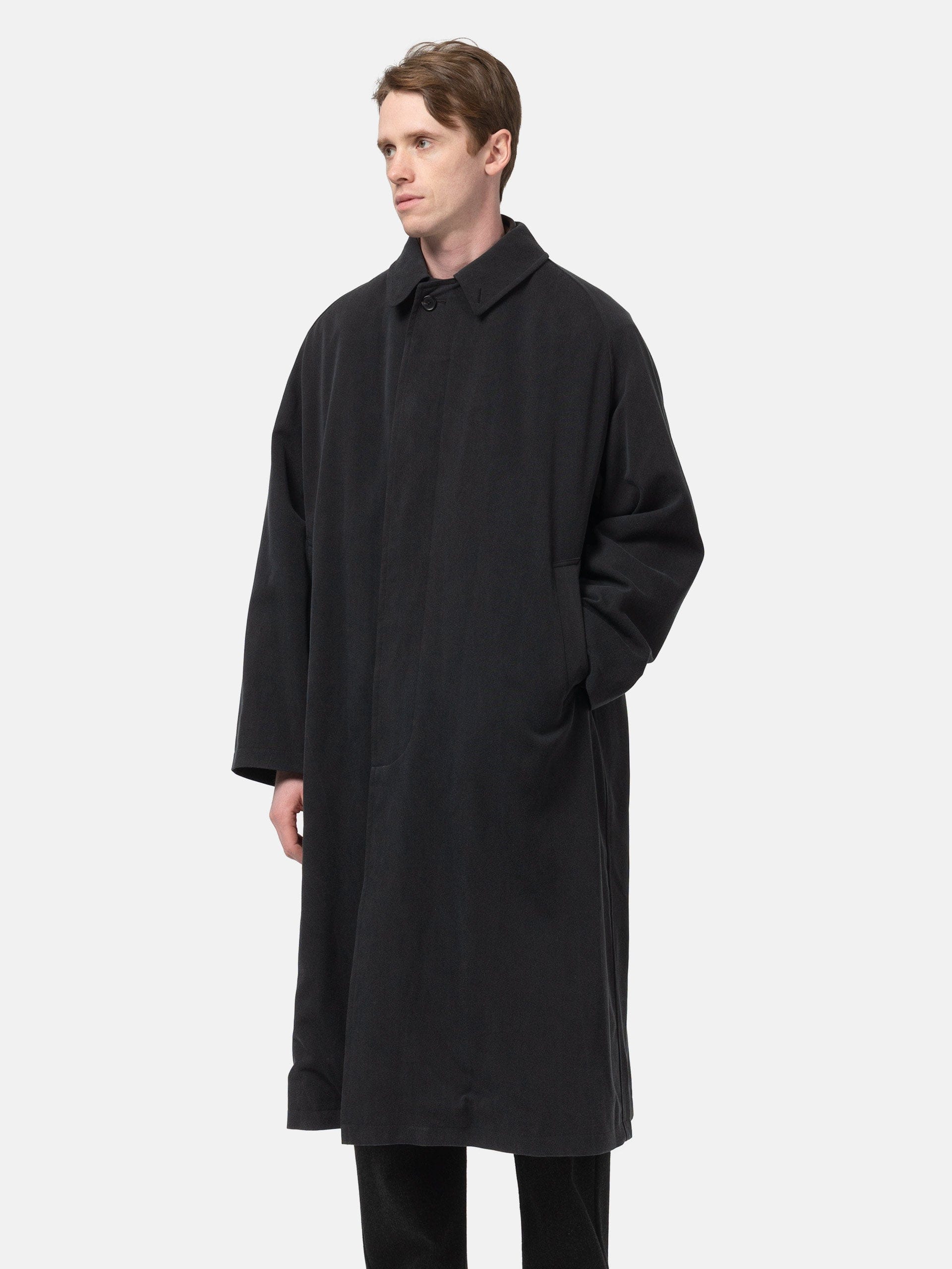 A.PRESSE Maxi Length Washed Silk Balmacaan Coat Black