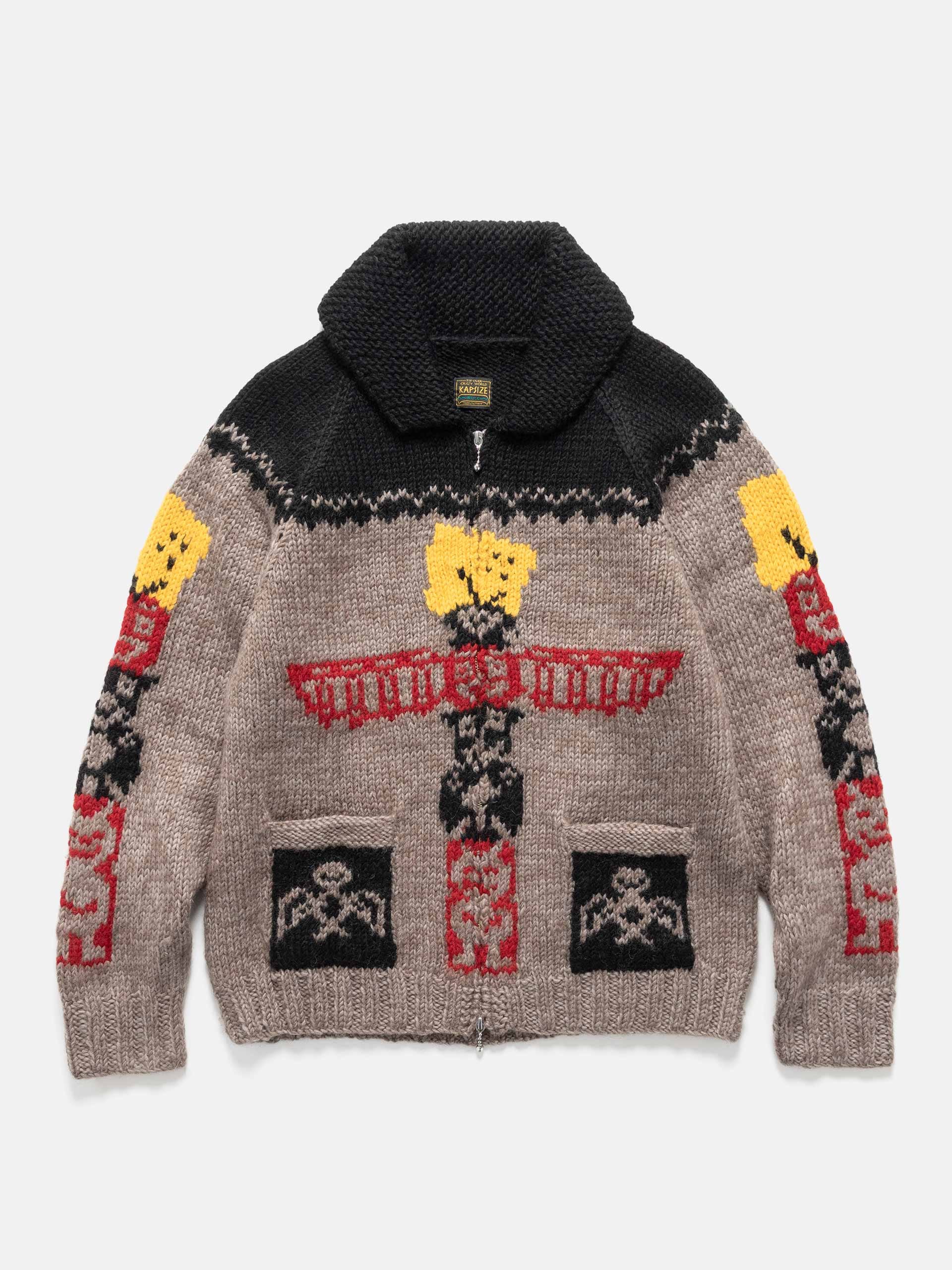 KAPITAL Hand Knit PECKISH TOTEM POLE Zip Cardigan Brown Beige