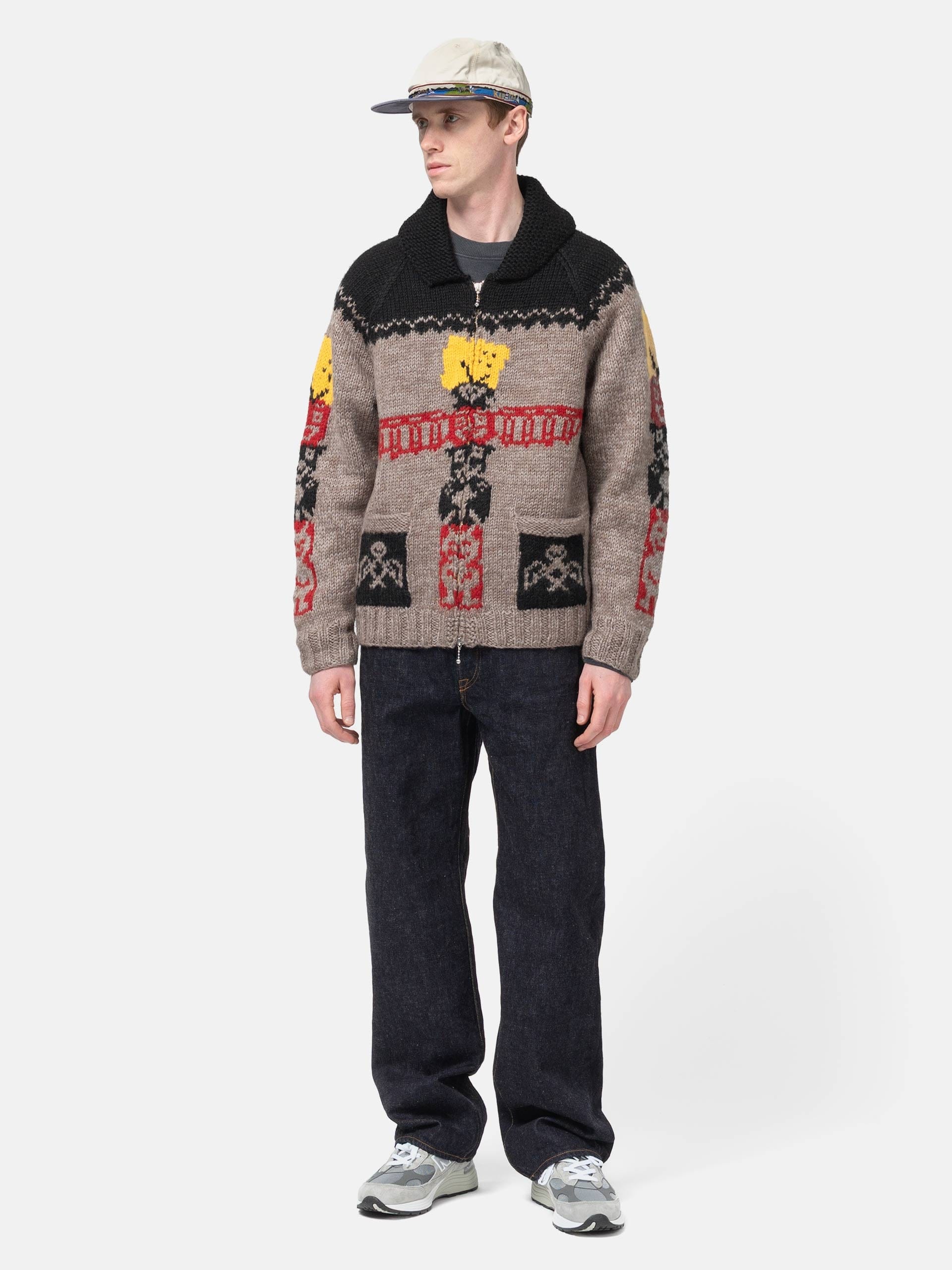 KAPITAL Hand Knit PECKISH TOTEM POLE Zip Cardigan Brown Beige