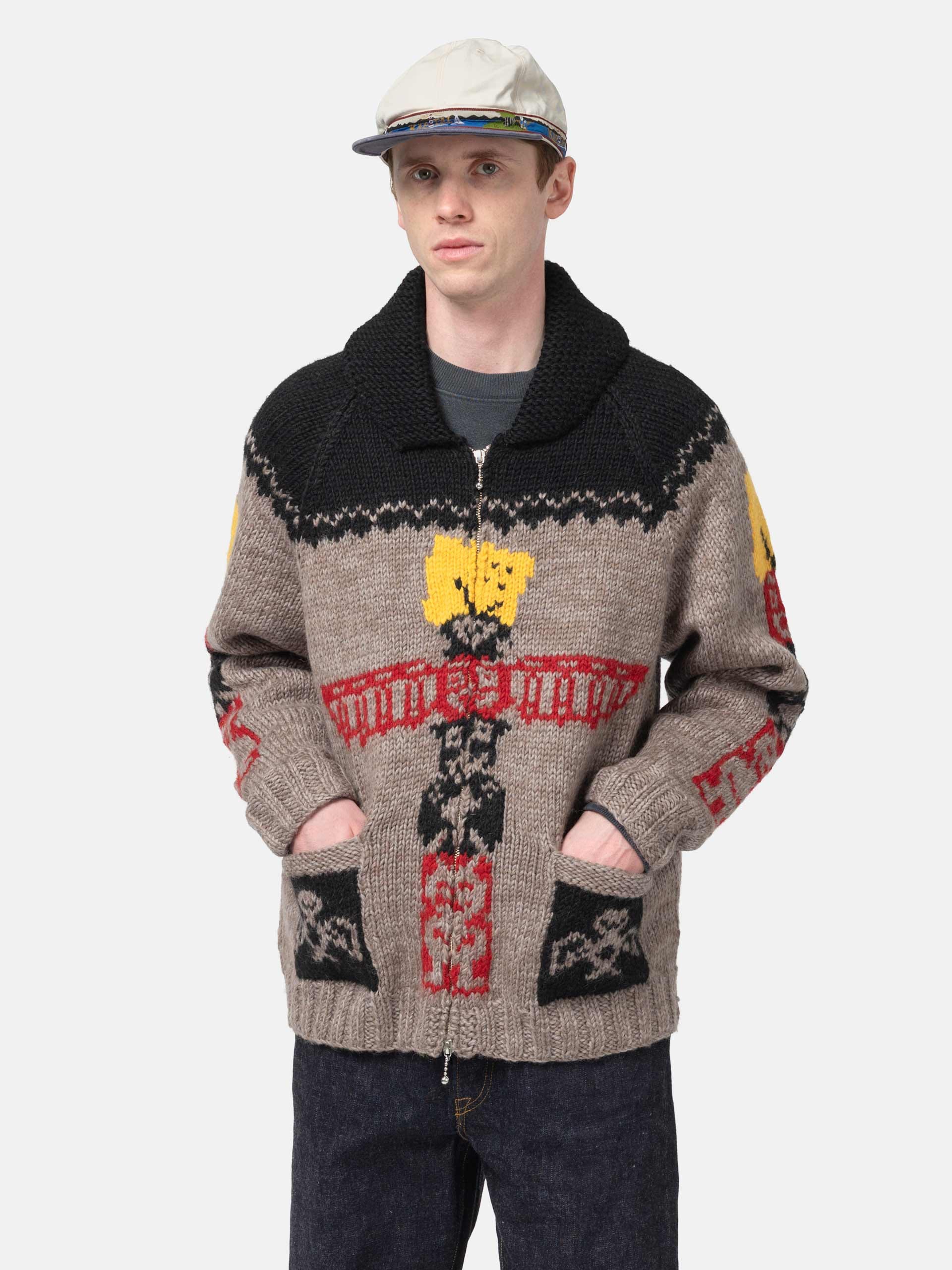 KAPITAL Hand Knit PECKISH TOTEM POLE Zip Cardigan Brown Beige
