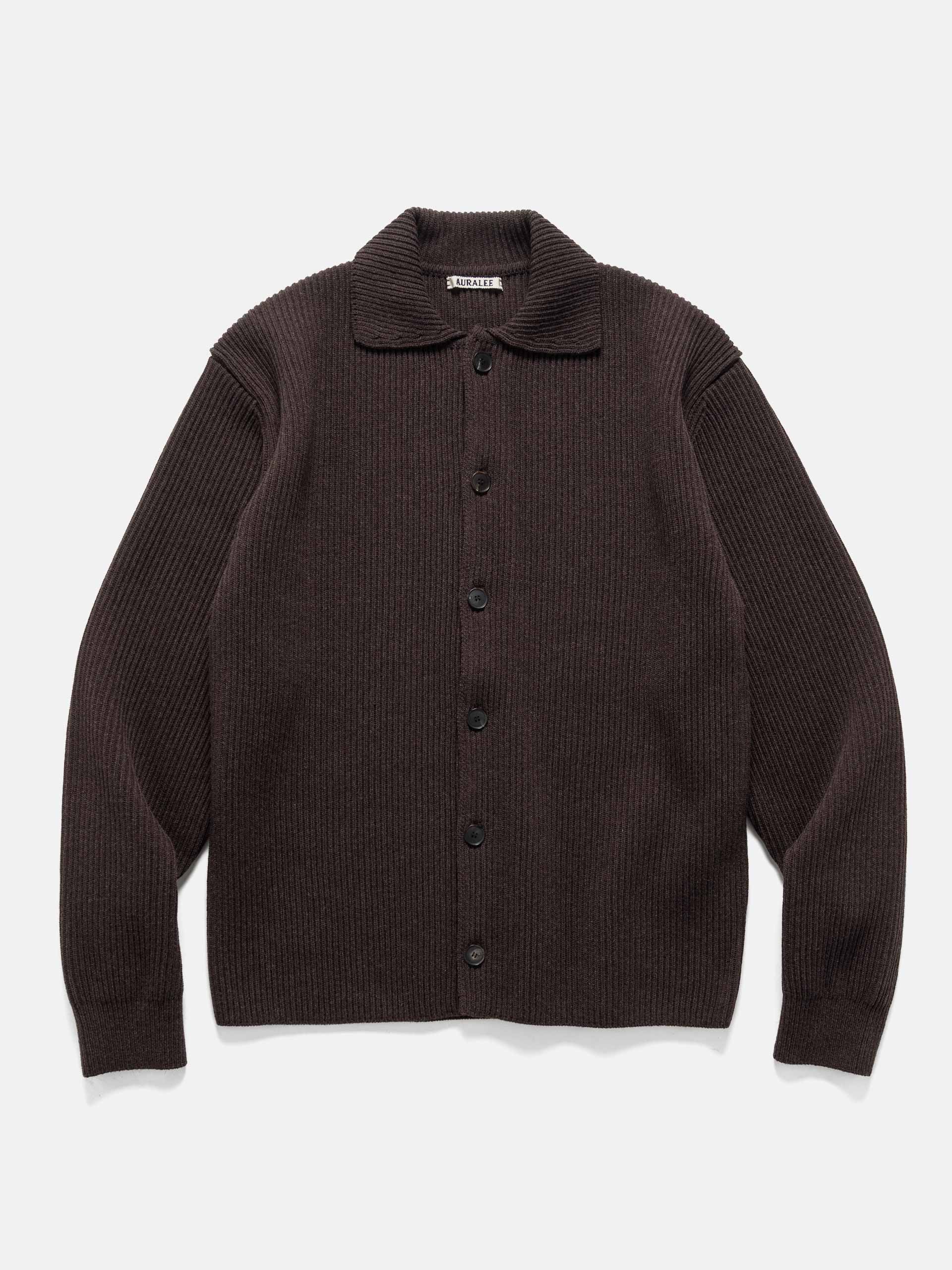 Auralee Super Fine Wool Rib Knit Shirt Cardigan Top Brown