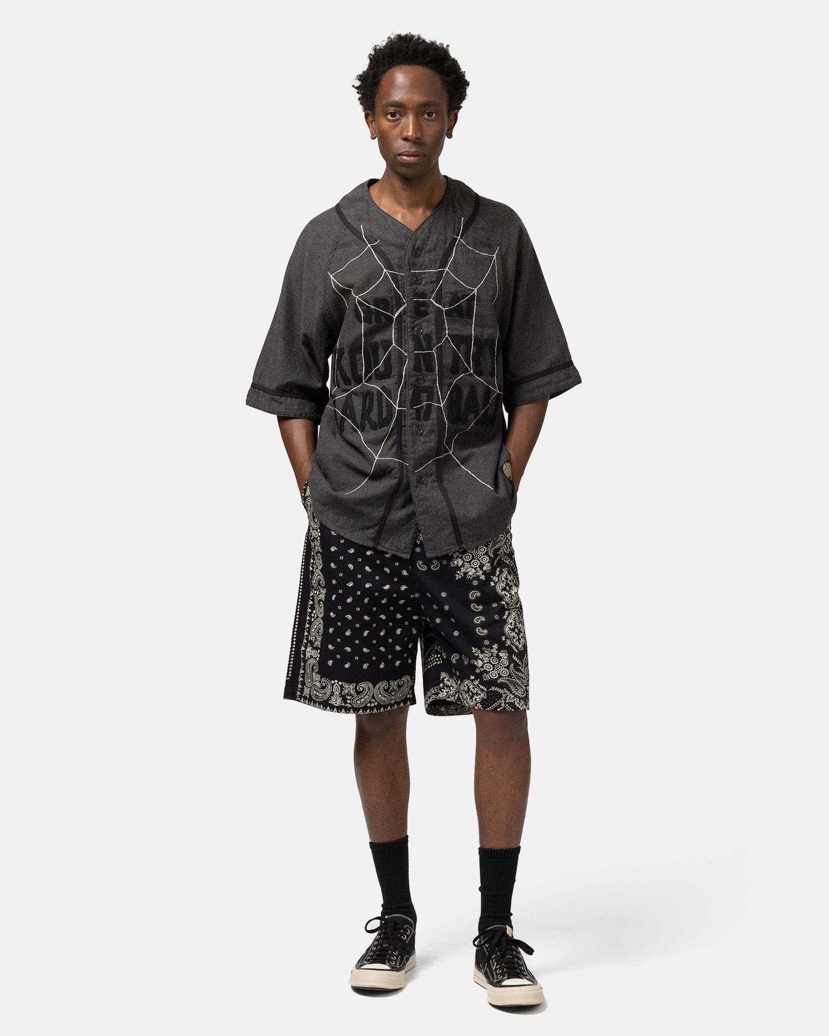KAPITAL Combed Burberry RAT BRAND Bandana Patchwork EASY Short Pants Black