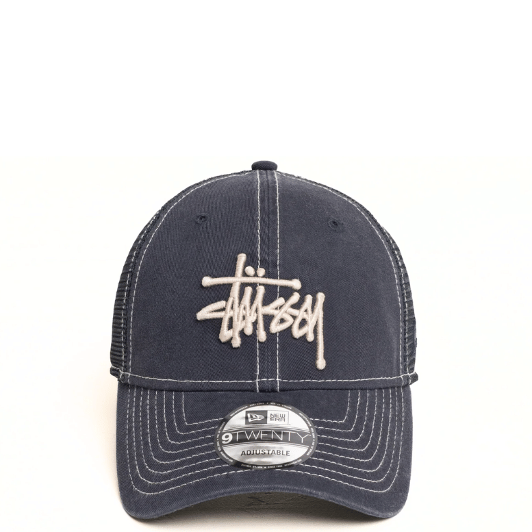 STUSSY NEW ERA 9TWENTY NAVY WASHED BASIC TRUCKER CAP