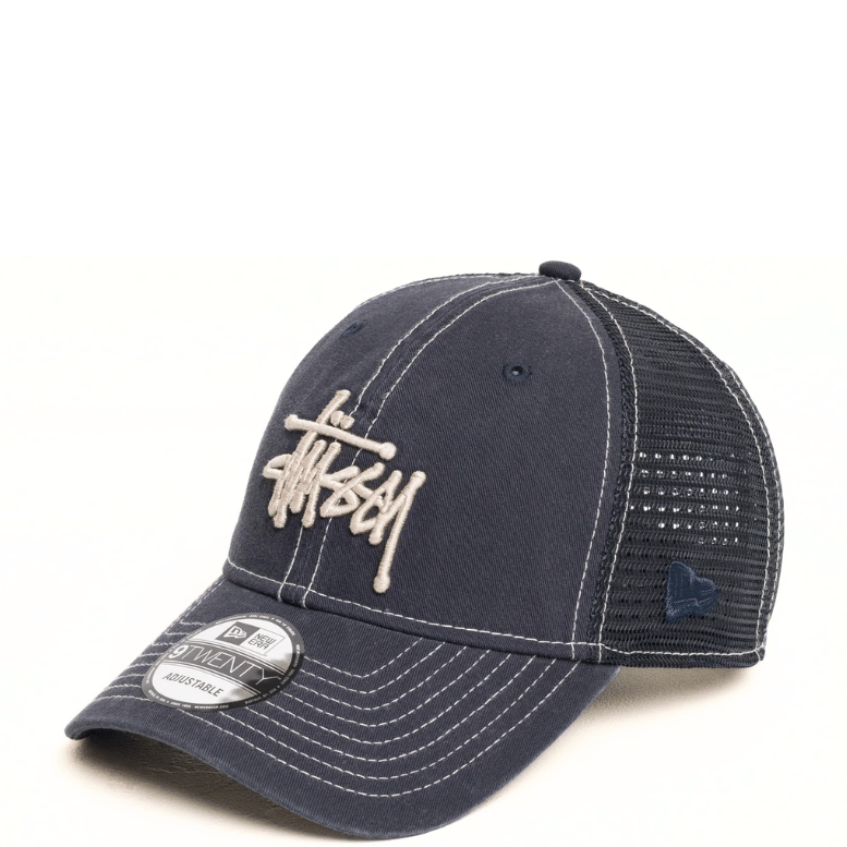 STUSSY NEW ERA 9TWENTY NAVY WASHED BASIC TRUCKER CAP