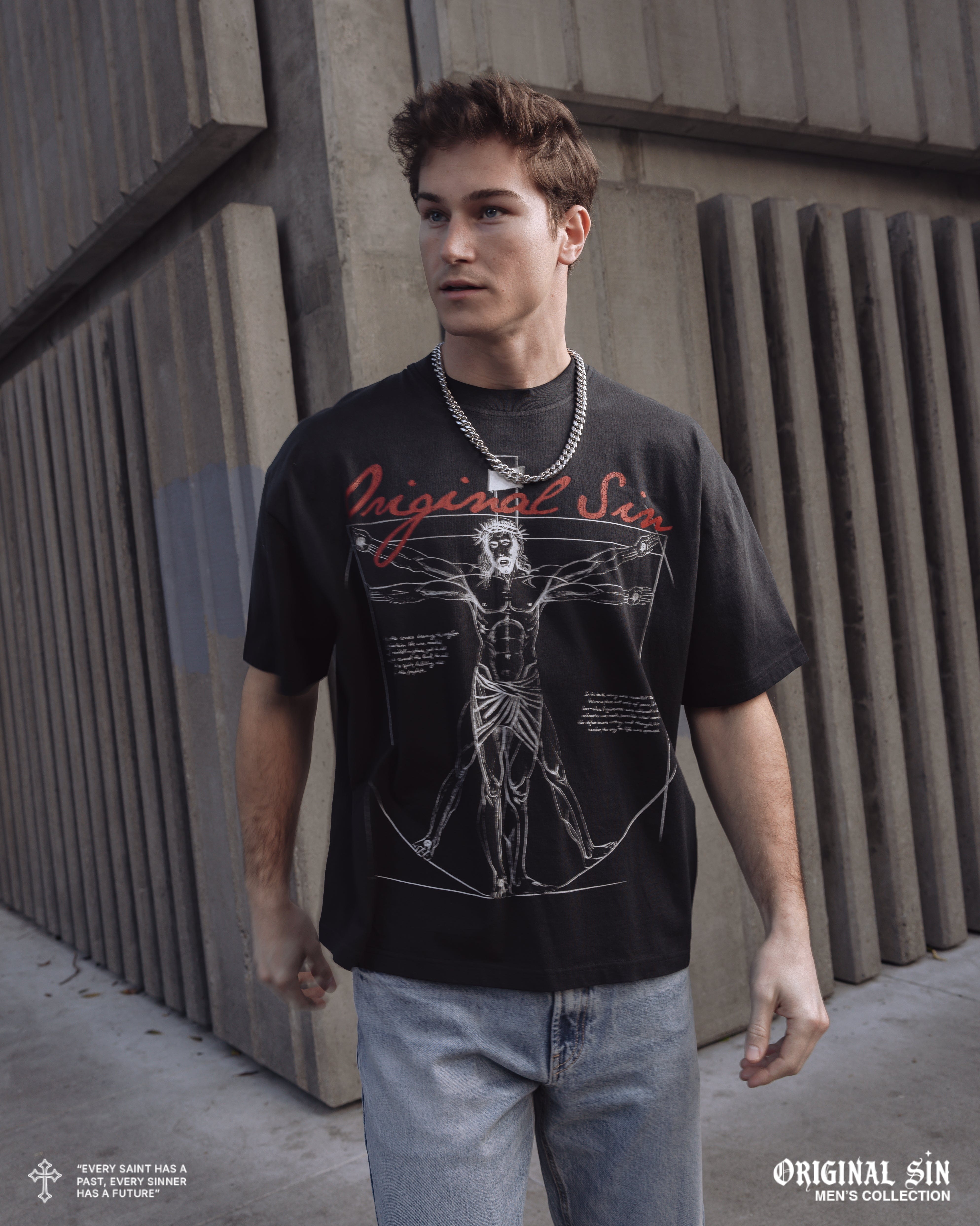 ORIGINAL SIN Crucifix Washed Mens Short Sleeve Shirt (Black)