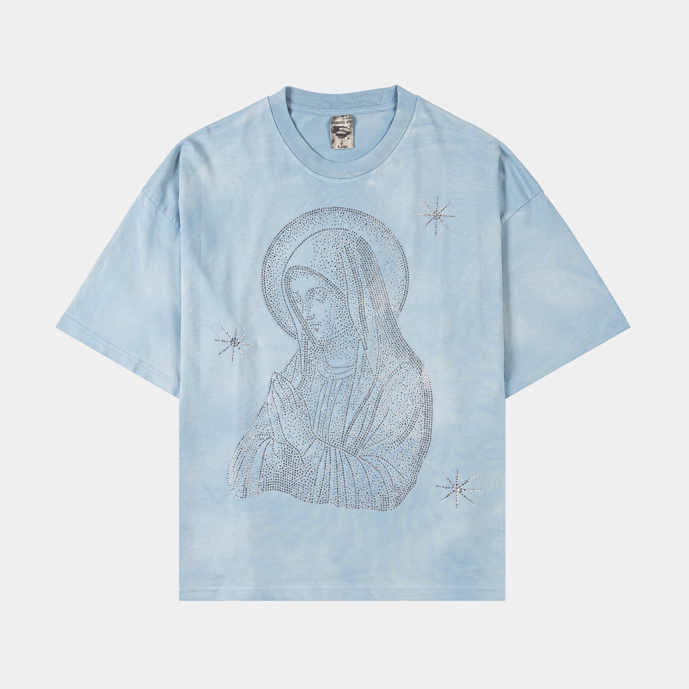 ORIGINAL SIN Mary Prayer Rhinestone Mens Short Sleeve Shirt (Light Blue)