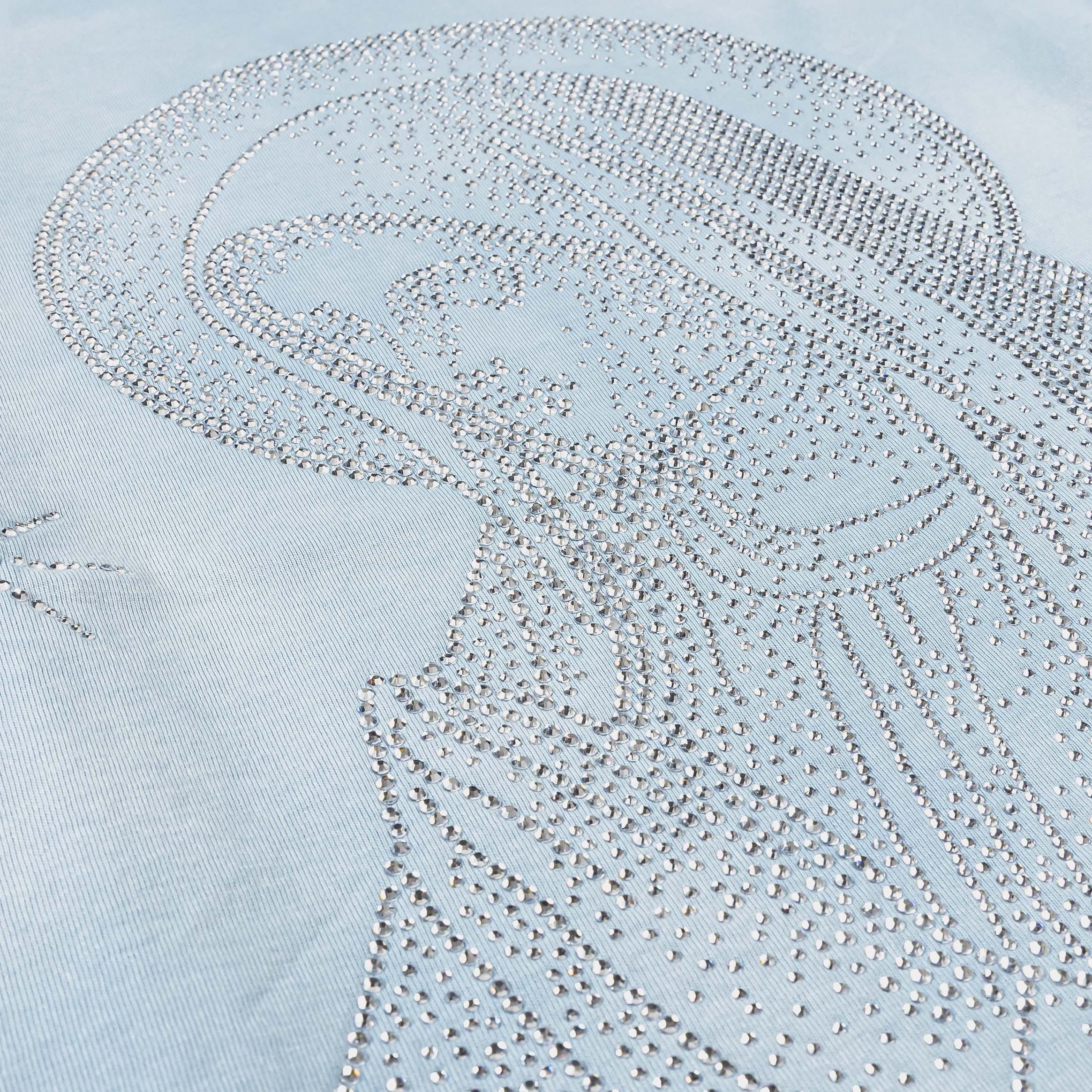 ORIGINAL SIN Mary Prayer Rhinestone Mens Short Sleeve Shirt (Light Blue)