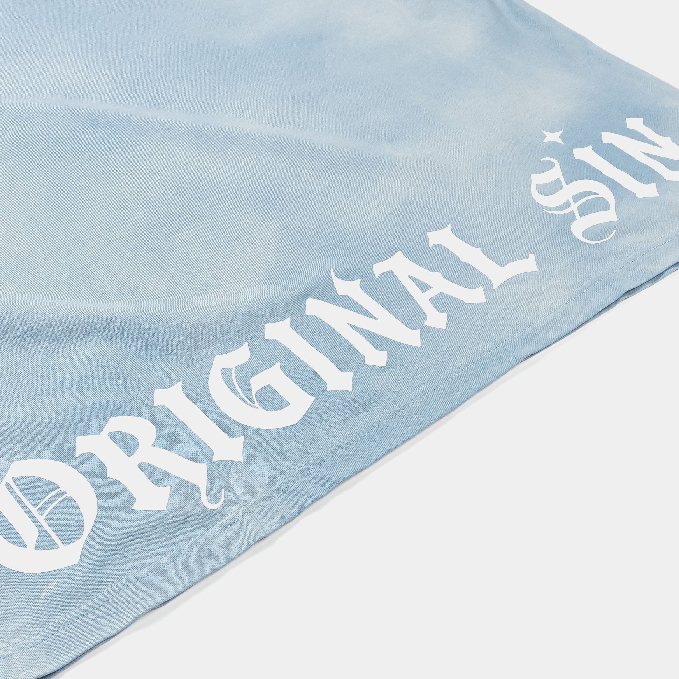 ORIGINAL SIN Mary Prayer Rhinestone Mens Short Sleeve Shirt (Light Blue)