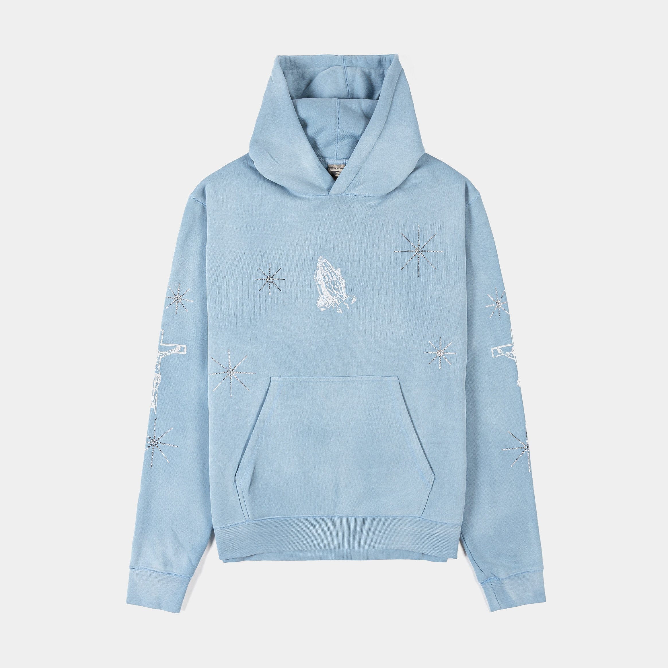 ORIGINAL SIN Mary Prayer Rhinestone Pullover Fleece Mens Hoodie (Blue)