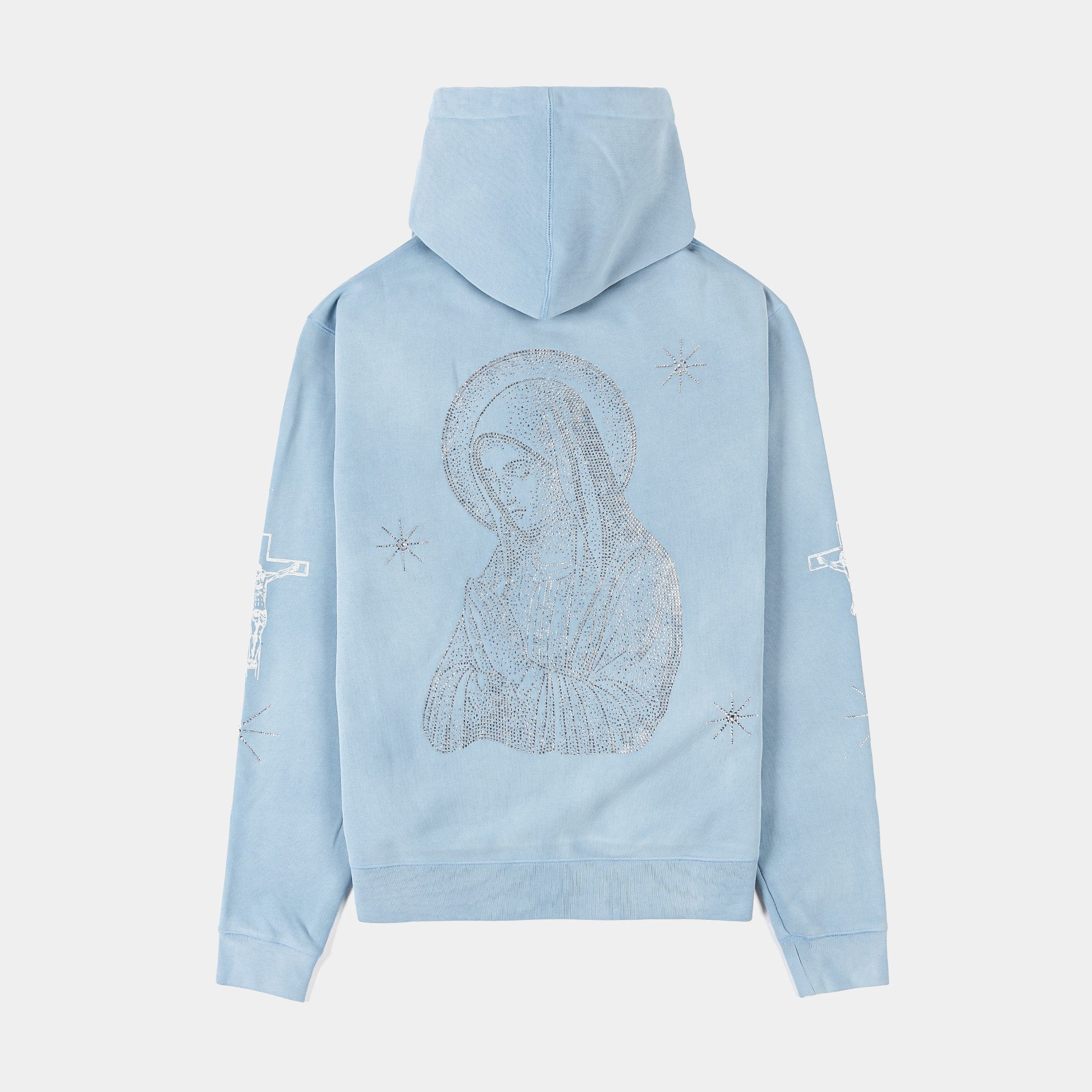 ORIGINAL SIN Mary Prayer Rhinestone Pullover Fleece Mens Hoodie (Blue)