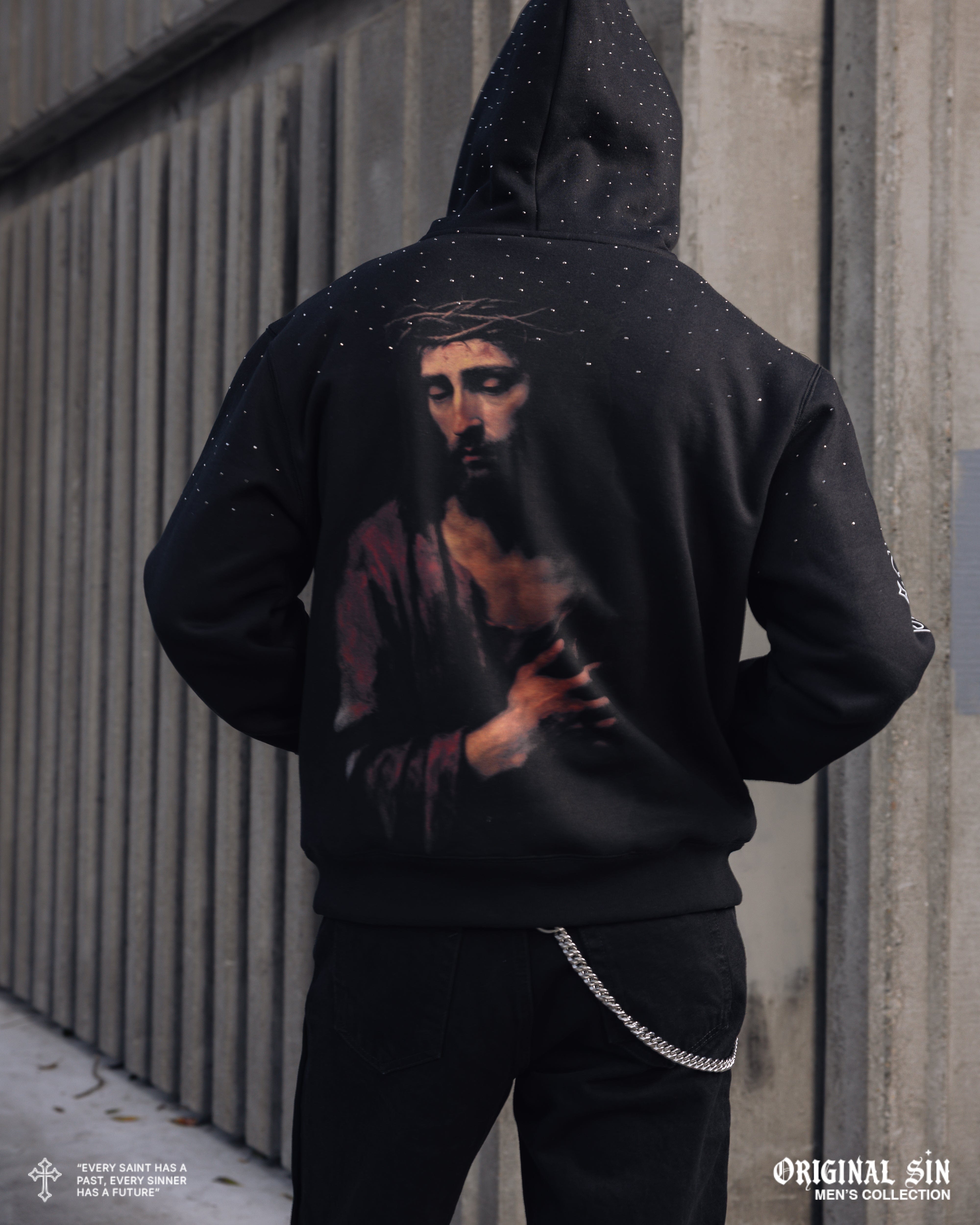 ORIGINAL SIN Jesus Letters Zip Up Mens Hoodie (Black/White)