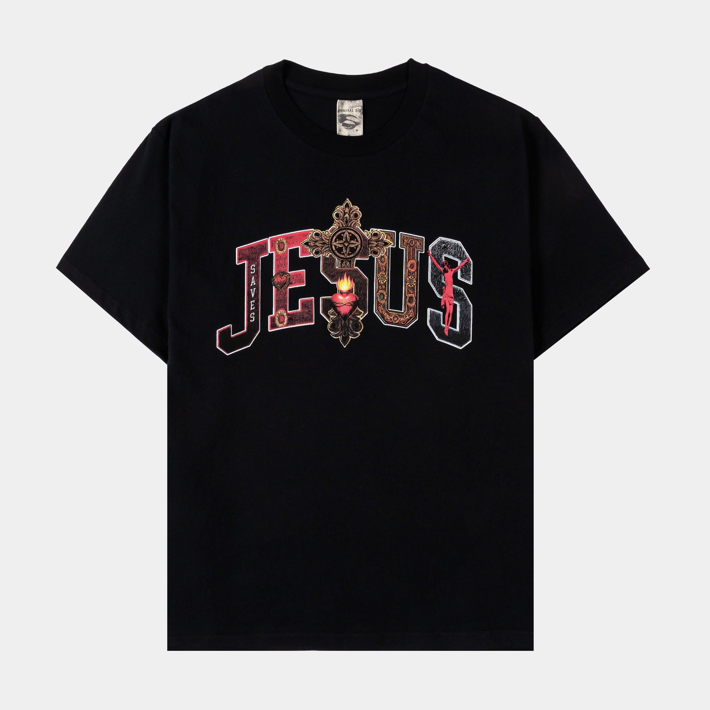 ORIGINAL SIN Jesus Letters Mens Short Sleeve Shirt (Black/Red)