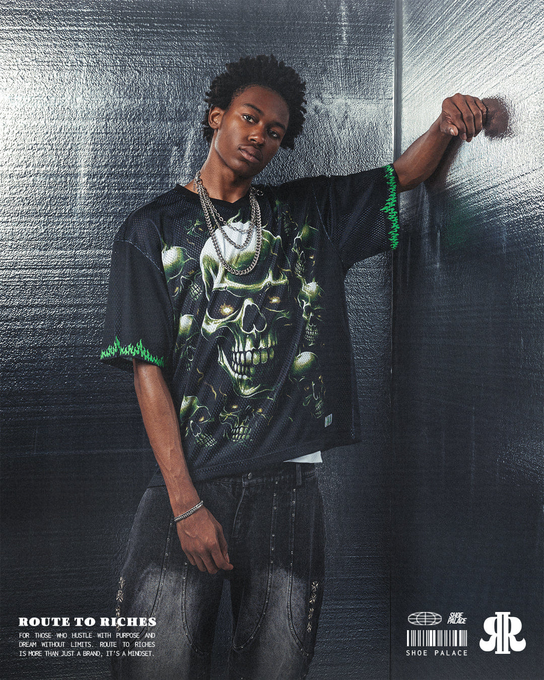 ROUTE TO RICHES Green Skulls Mesh Mens Jersey (Black/Green)