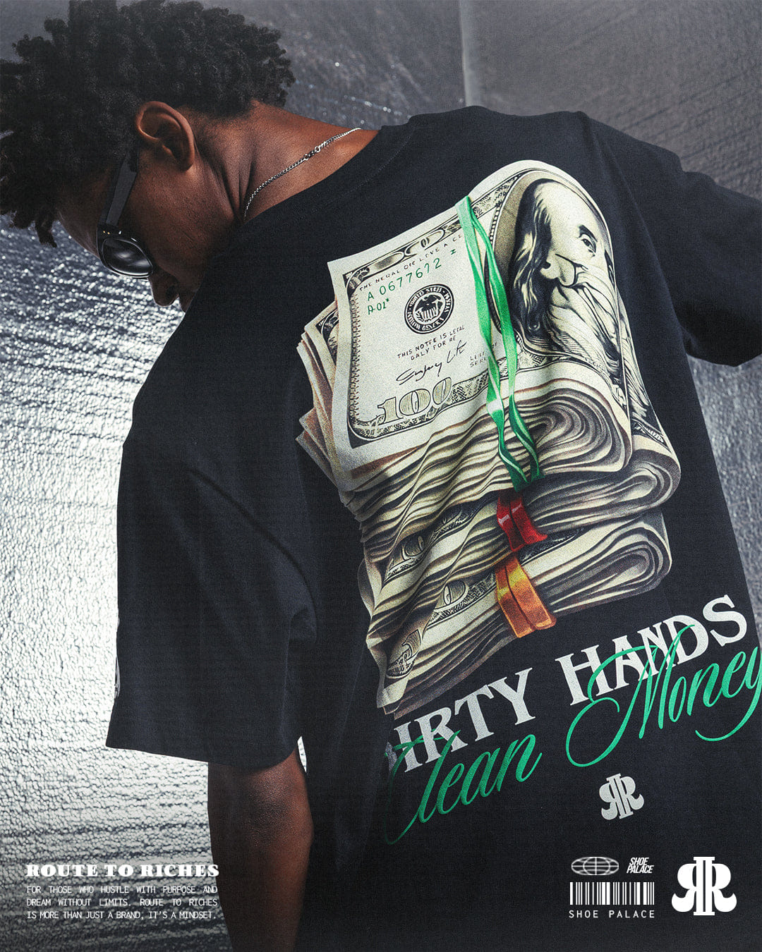 ROUTE TO RICHES Dirty Hands Mens Short Sleeve Shirt (Black/Green)
