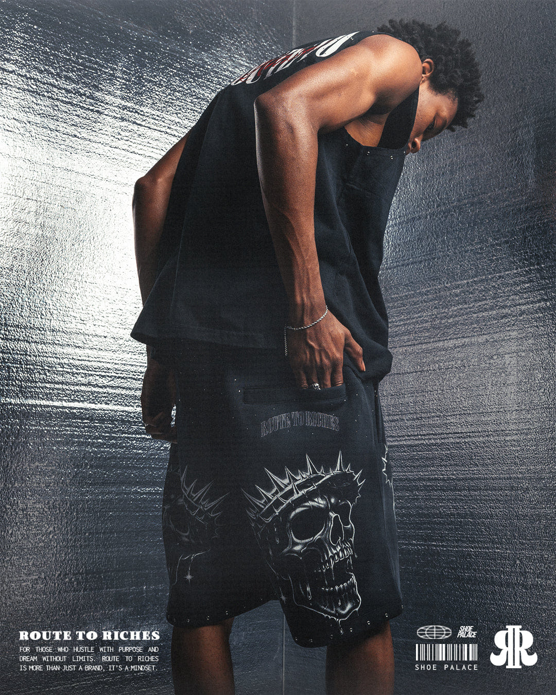 ROUTE TO RICHES Crown Of Thorns Long Washed Mens Shorts (Grey/White)